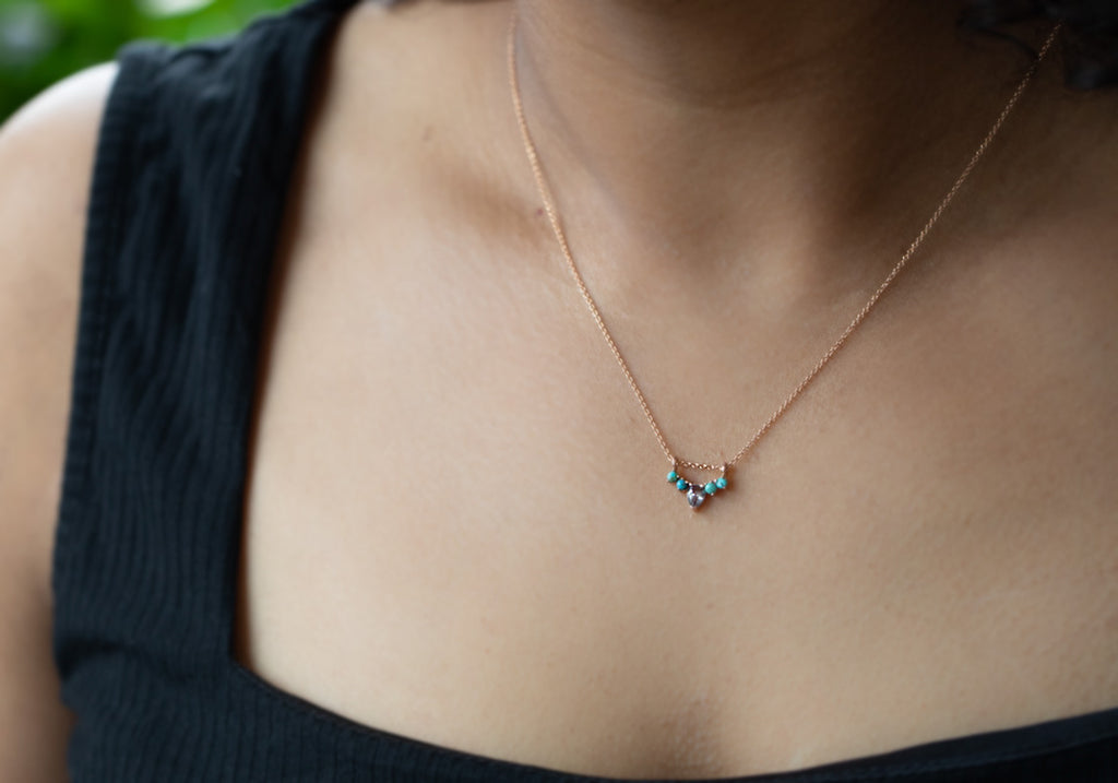 Turquoise + Diamond Sunburst Necklace on Model