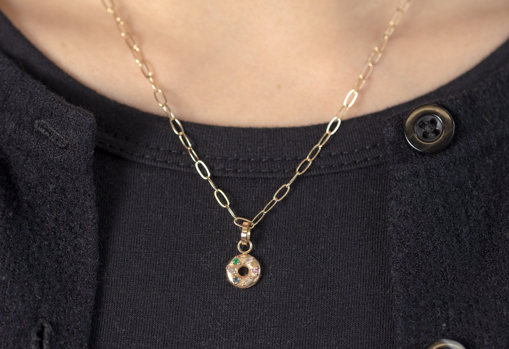 10k Yellow Gold Donut Charm on Necklace Chain on Model