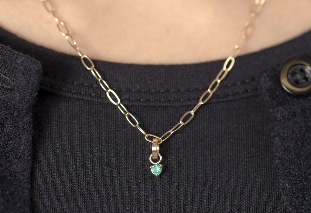 10k Yellow Gold Emerald Birthstone Charm  on Charm Necklace on Model