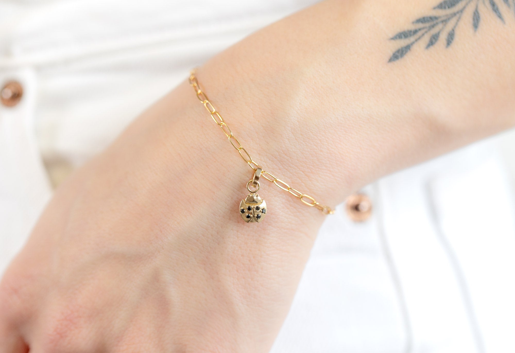10k Yellow Gold Ladybug Charm on Bracelet Chain on Model
