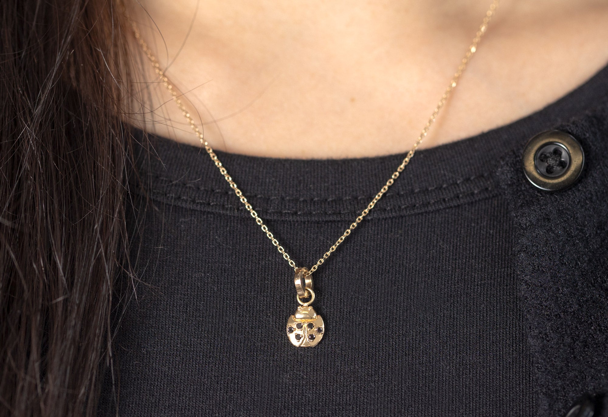 10k Yellow Gold Ladybug Charm on Necklace Chain on Model