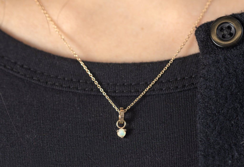 10k Yellow Gold Opal Birthstone Charm on Charm Necklace on Model