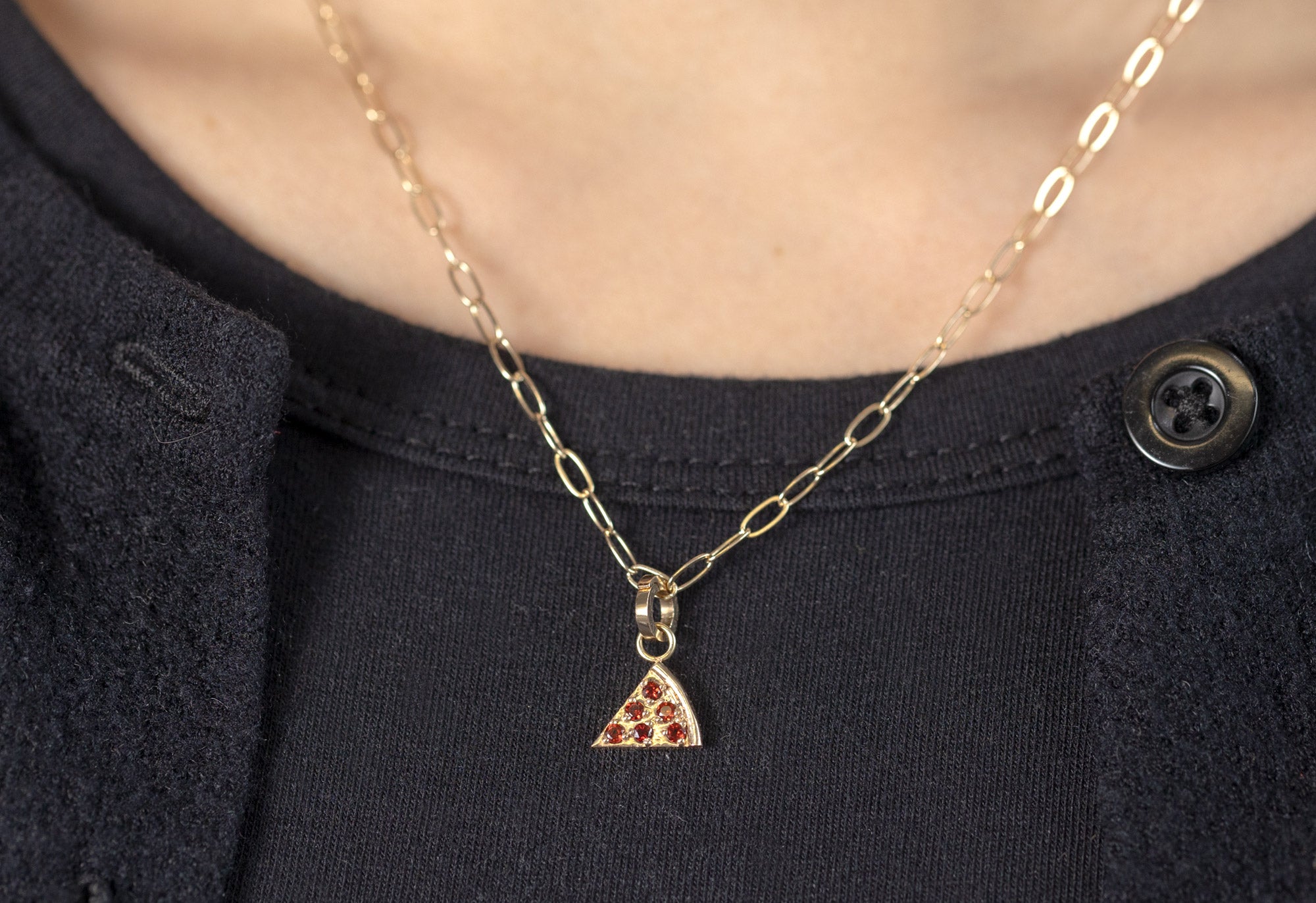 10k Yellow Gold Pizza Slice Charm on Necklace on Model