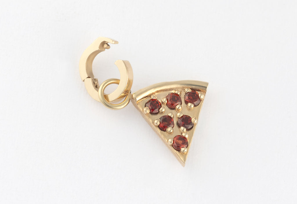 10k Yellow Gold Pizza Slice Charm with Open Interchangeable Charm Link on White Marble Tile