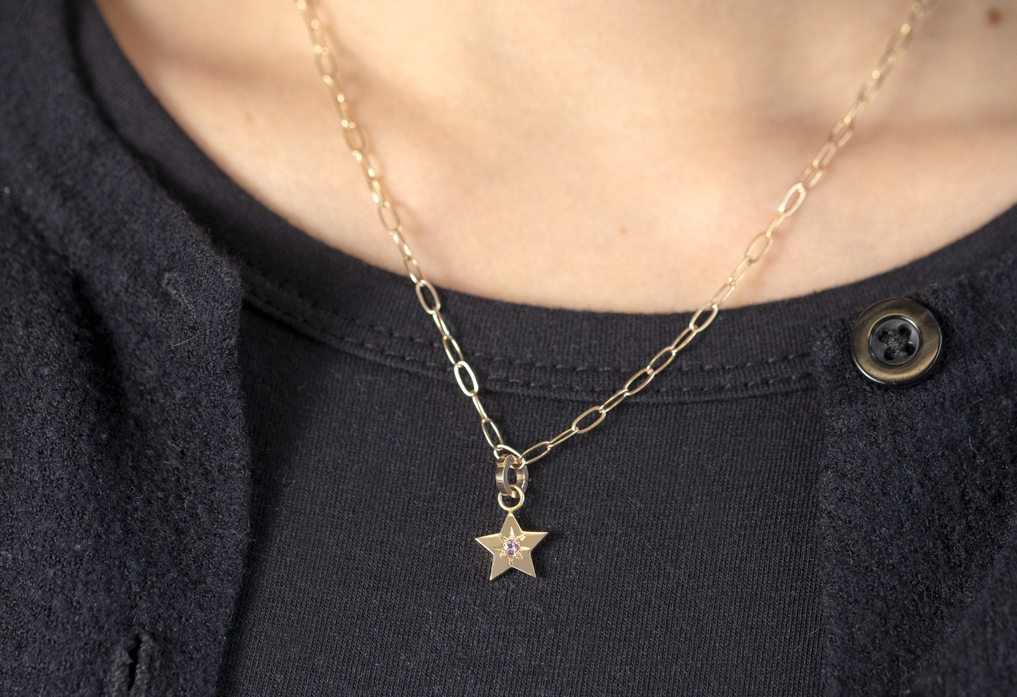 10k Yellow Gold Star Charm on Charm Necklace on Model