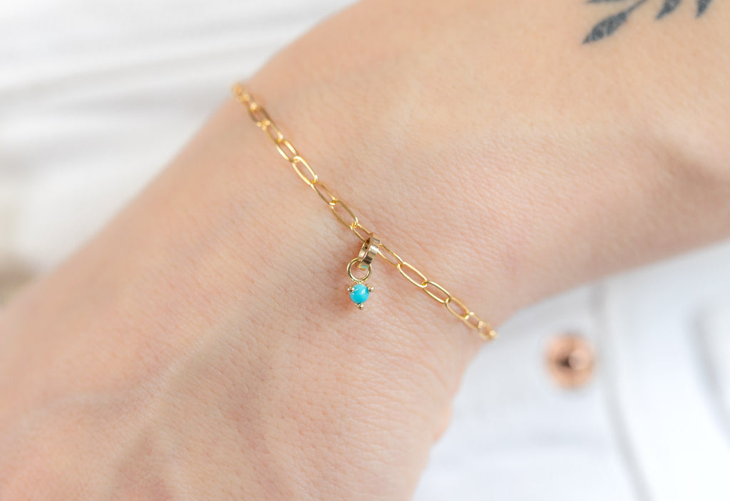 10k Yellow Gold Turquoise Birthstone Charm on Charm Bracelet Chain on Model