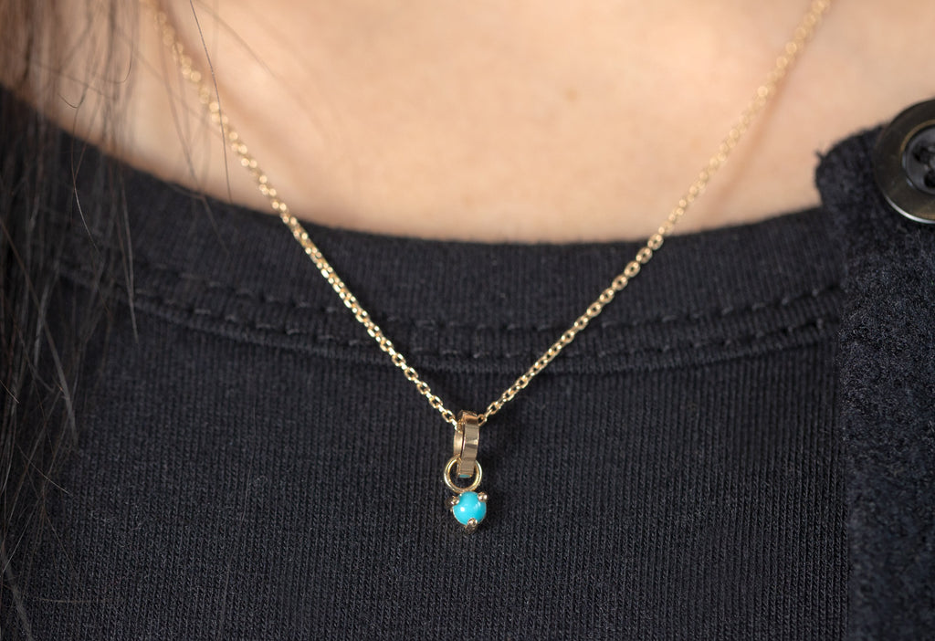 10k Yellow Gold Turquoise Birthstone Charm on Charm Necklace Chain on Model