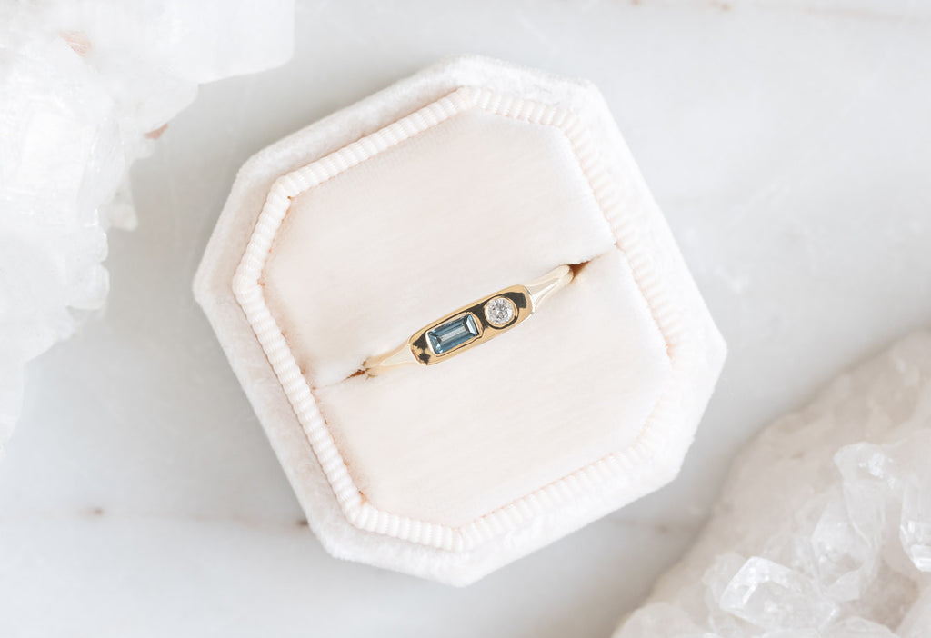 Asymmetrical Sapphire + Diamond Signet Ring in Blush Pink Ring Box