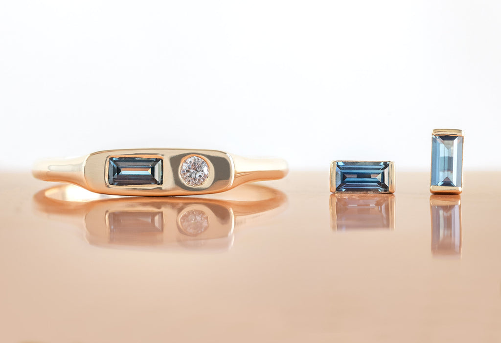 Montana Sapphire Baguette Studs and Asymmetrical Sapphire and Diamond Signet Ring 