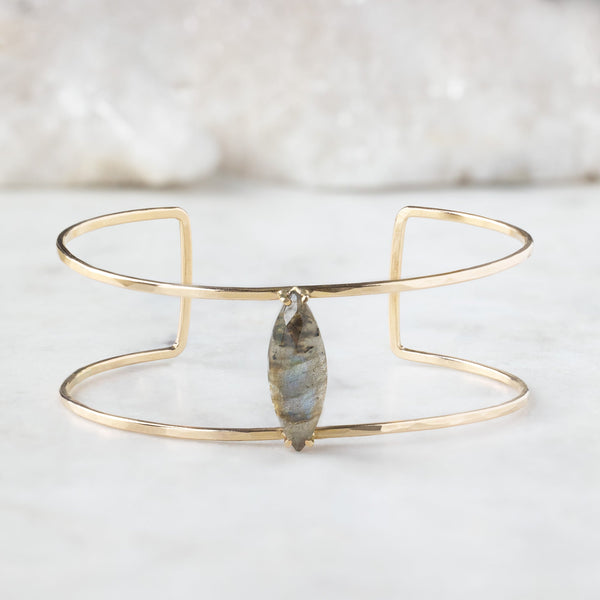 Dainty Labradorite Gemstone Cuff Bangle – 925 Sterling Silver Plated, Adjustable, Handmade From India
