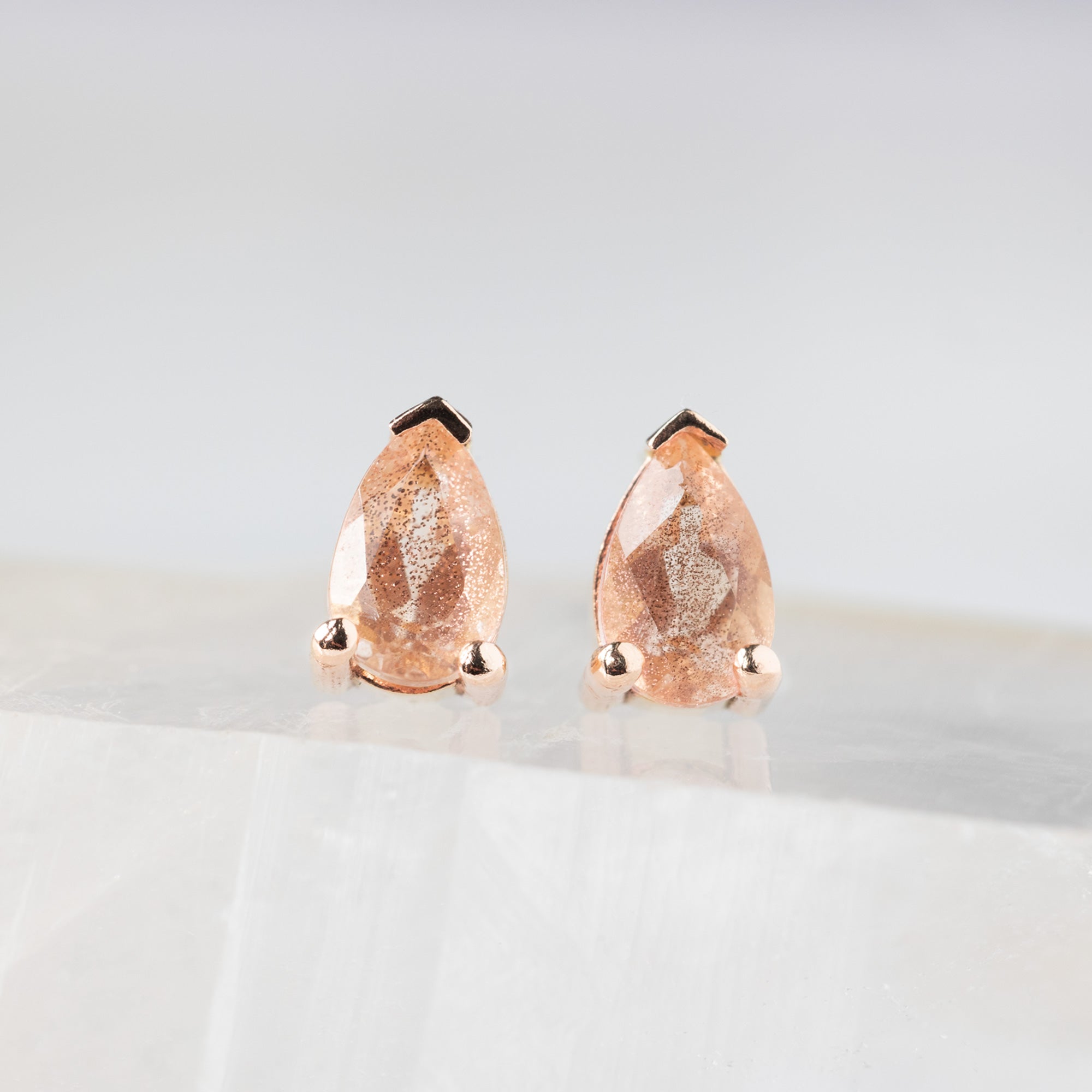 The Peachy-Pink Sunstone Stud Earrings | Yellow, Rose or White Gold