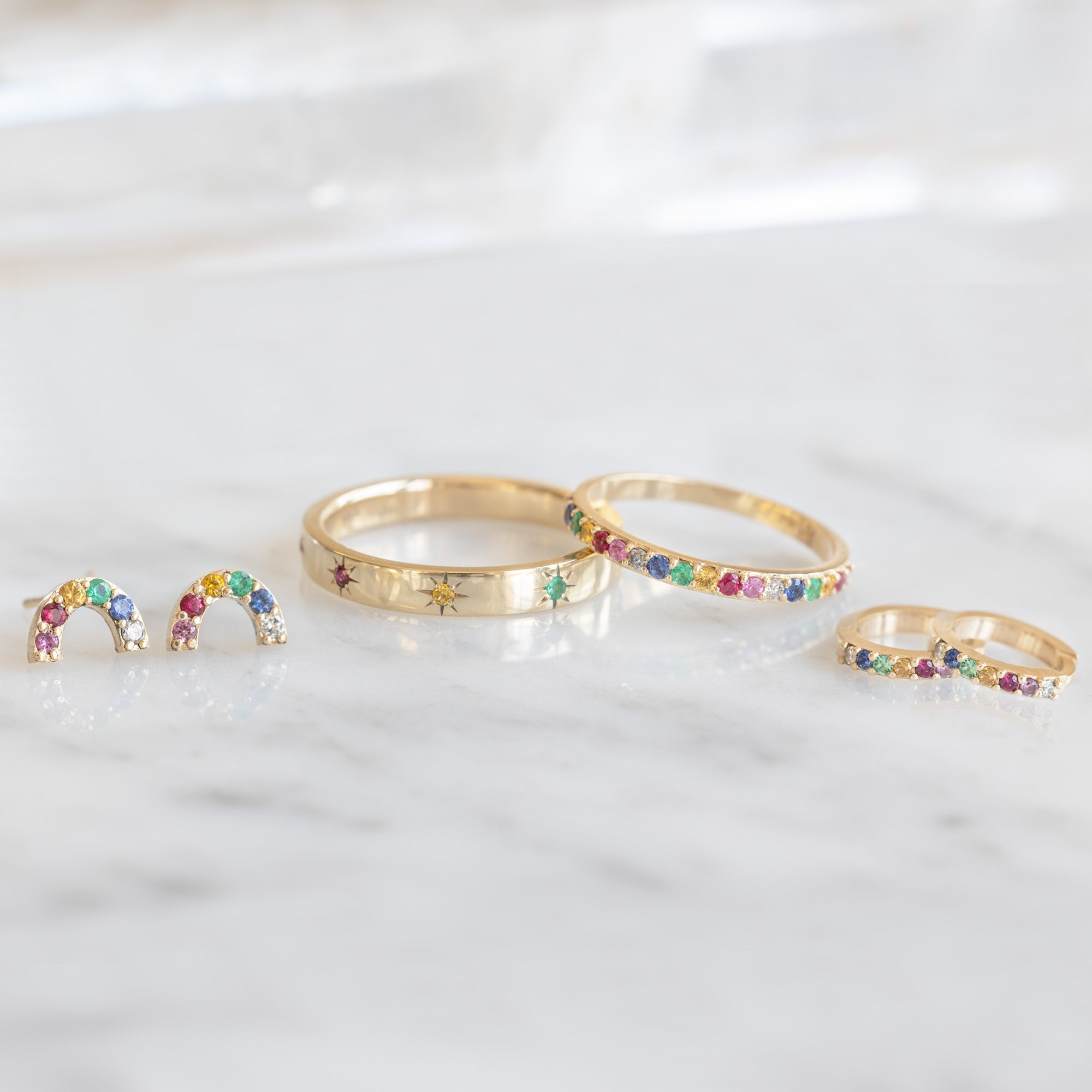 The Rainbow Sapphire Pavé Huggie Hoops | Yellow, Rose or White Gold