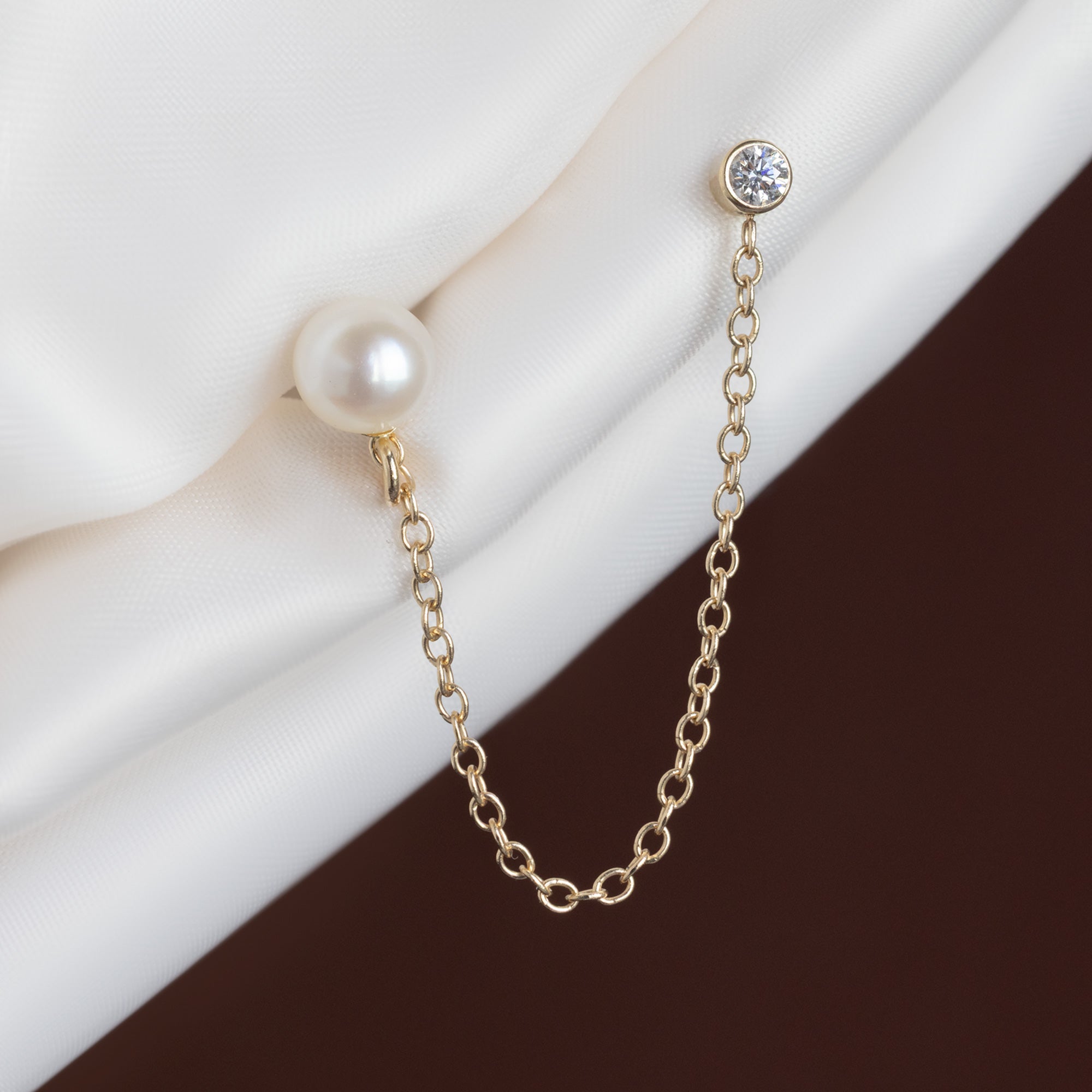 Alexis Russell  Earrings Pearl and Round Diamond Chain Earring | Yellow Gold or Sterling Silver