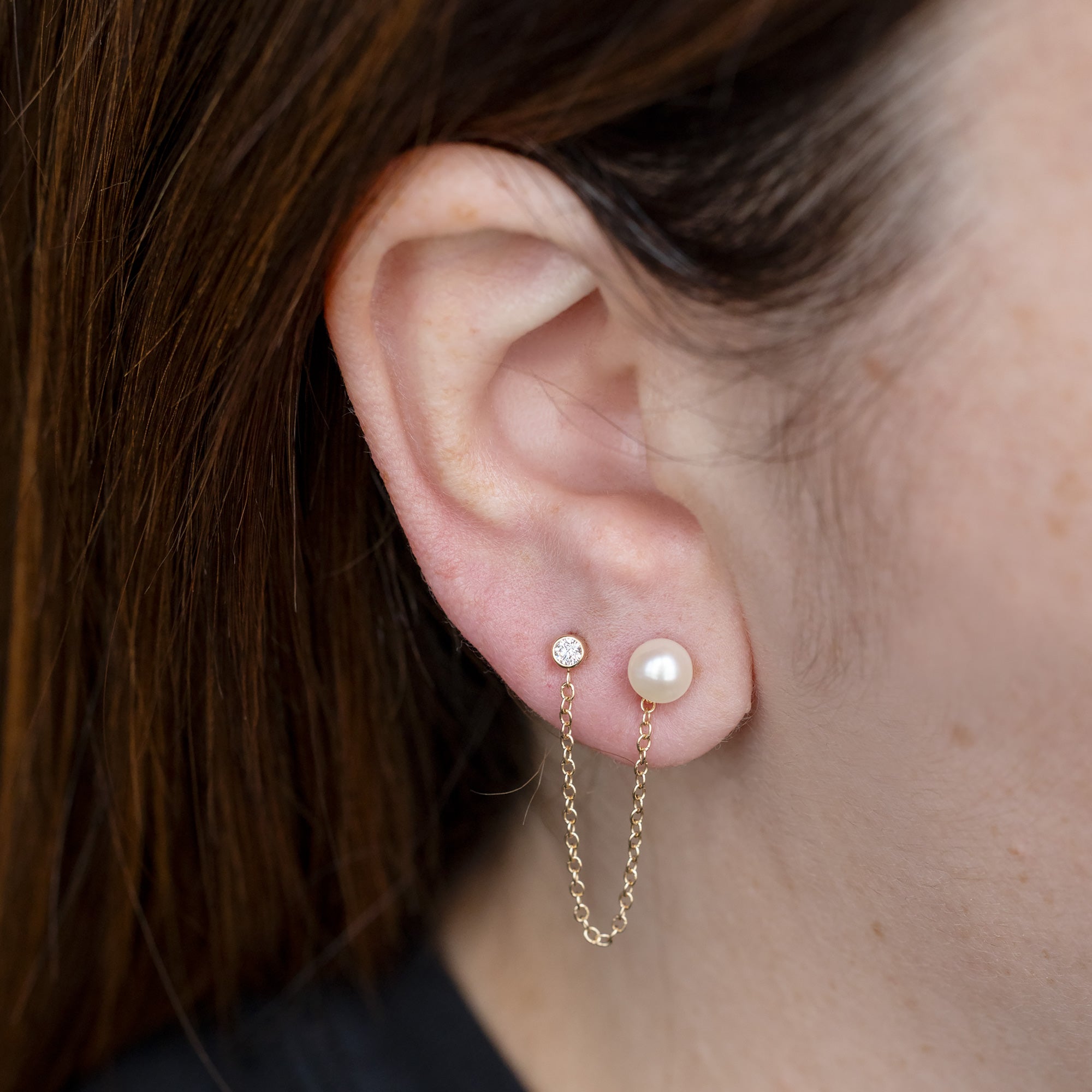 Alexis Russell  Earrings Pearl and Round Diamond Chain Earring | Yellow Gold or Sterling Silver