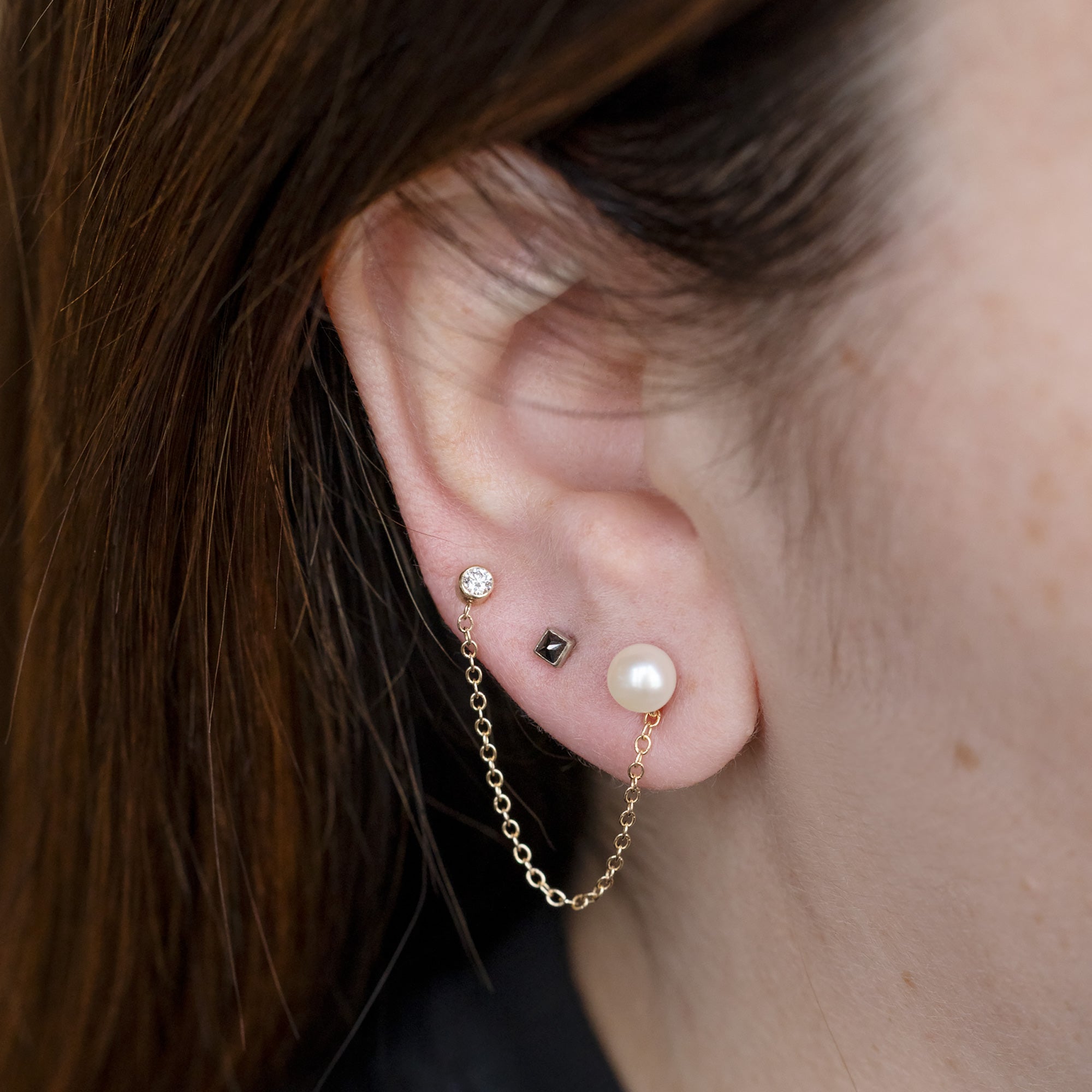 Alexis Russell  Earrings Pearl and Round Diamond Chain Earring | Yellow Gold or Sterling Silver