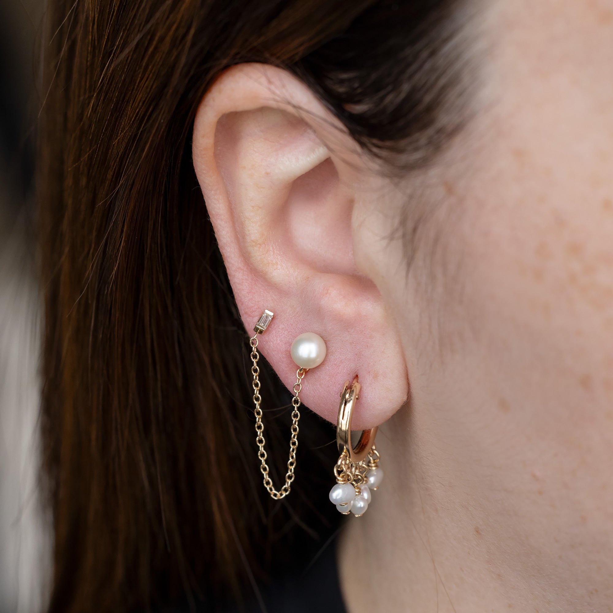Alexis Russell  Earrings Pearl and Baguette Diamond Chain Earring | Yellow Gold or Sterling Silver