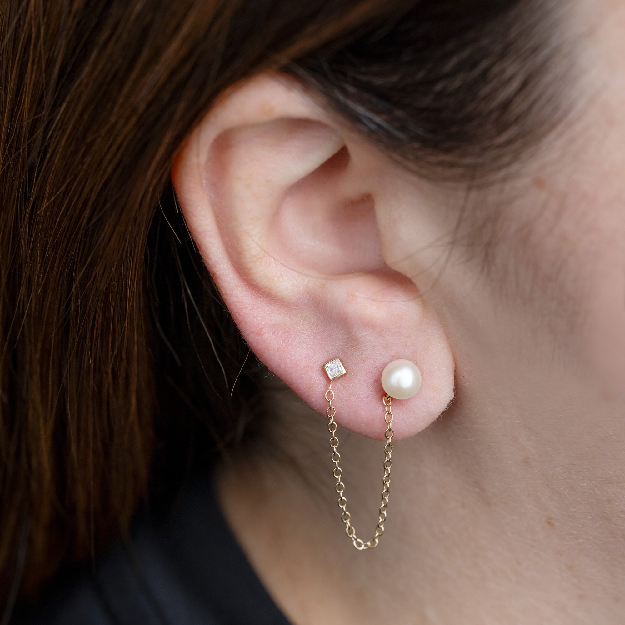 Alexis Russell  Earrings Pearl and Princess Diamond Chain Earring | Yellow Gold or Sterling Silver