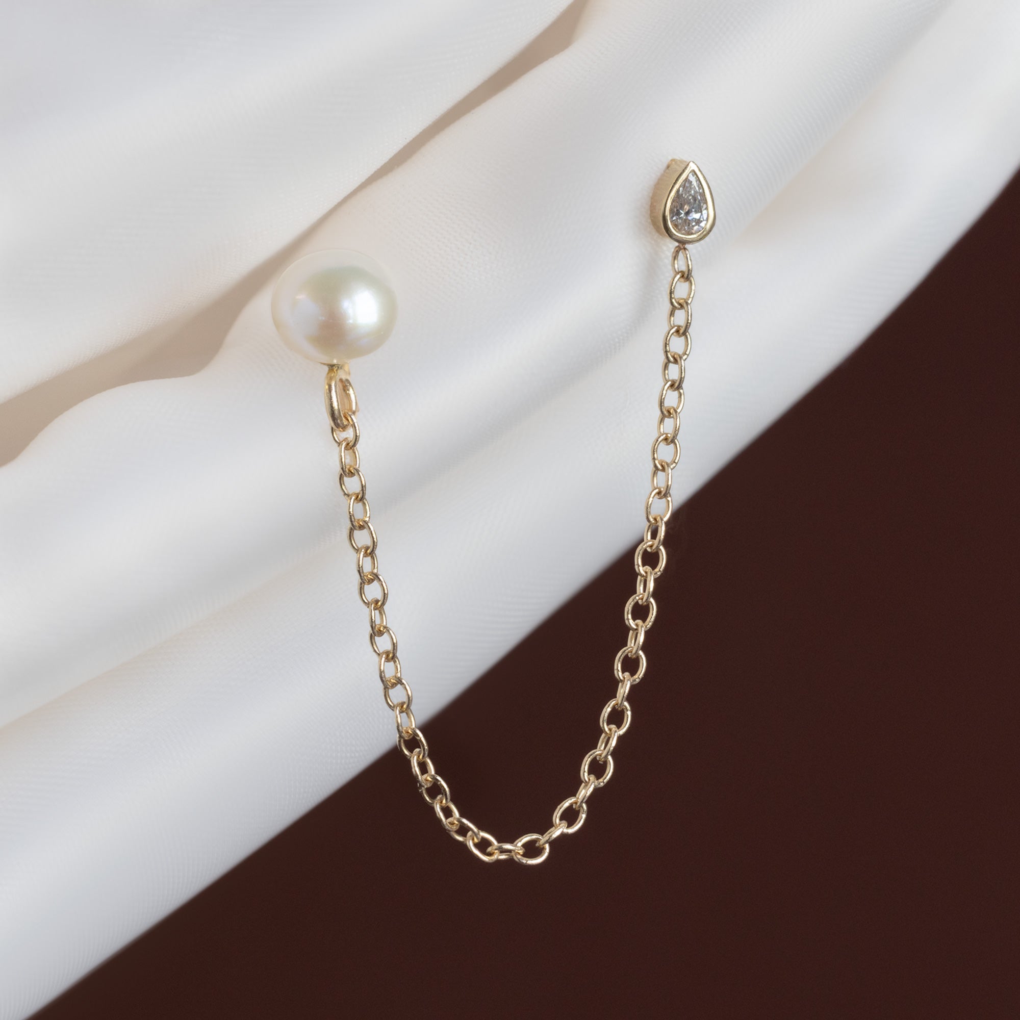 Alexis Russell  Earrings Pearl and Pear Diamond Chain Earring | Yellow Gold or Sterling Silver