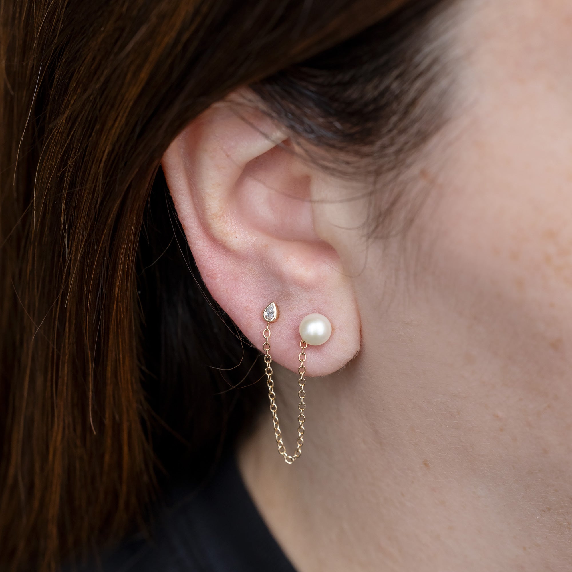 Alexis Russell  Earrings Pearl and Pear Diamond Chain Earring | Yellow Gold or Sterling Silver