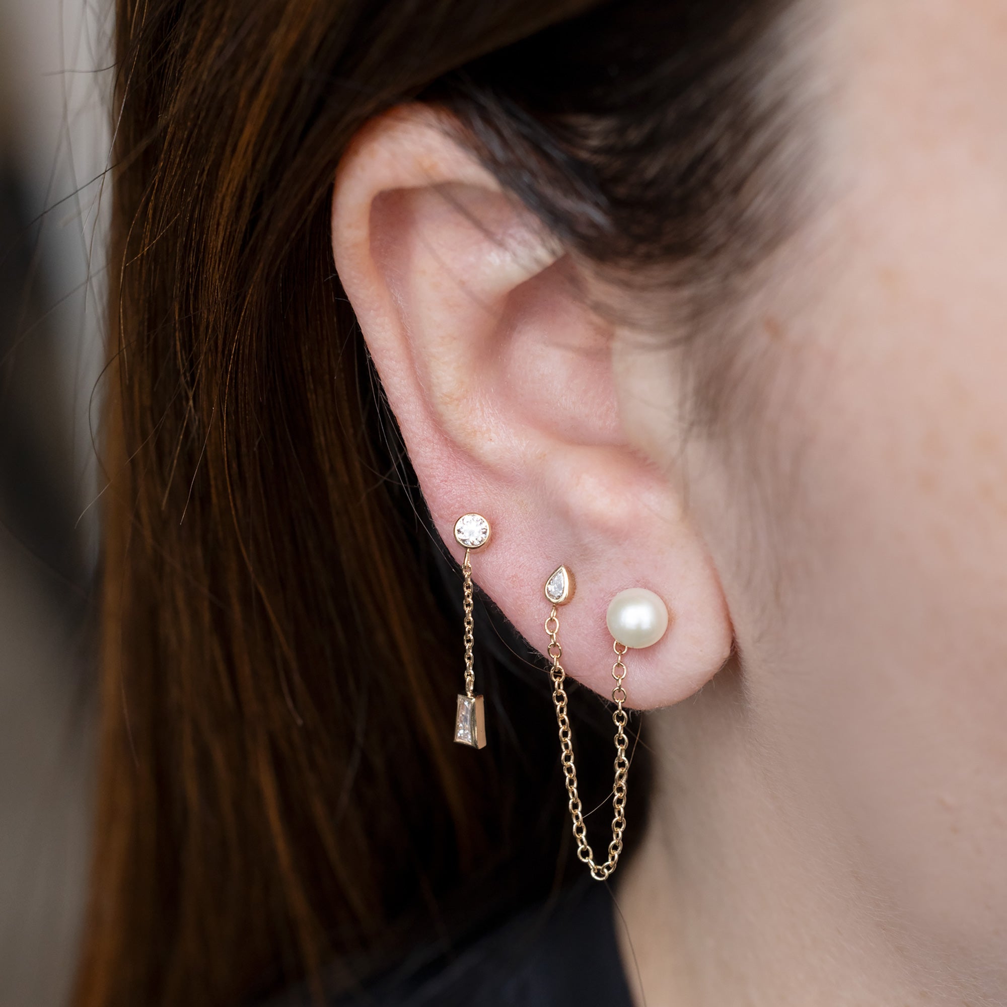 Alexis Russell  Earrings Pearl and Pear Diamond Chain Earring | Yellow Gold or Sterling Silver