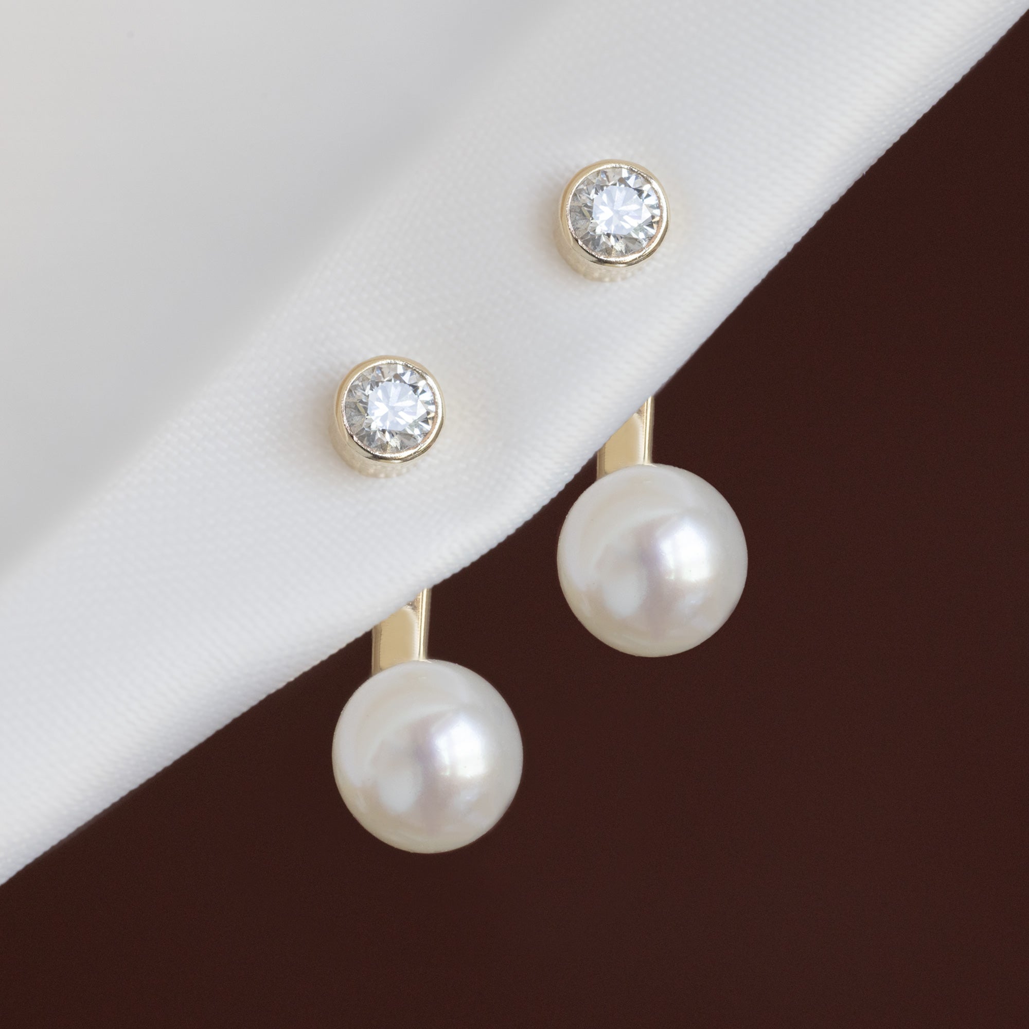 Alexis Russell  Earrings Pearl and Round Diamond Ear Jackets | Yellow Gold or Sterling Silver