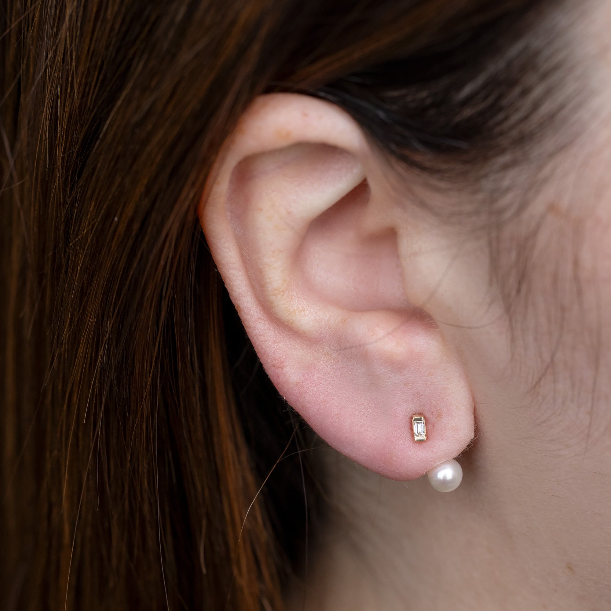 Alexis Russell  Earrings Pearl and Baguette Diamond Ear Jackets | Yellow Gold or Sterling Silver