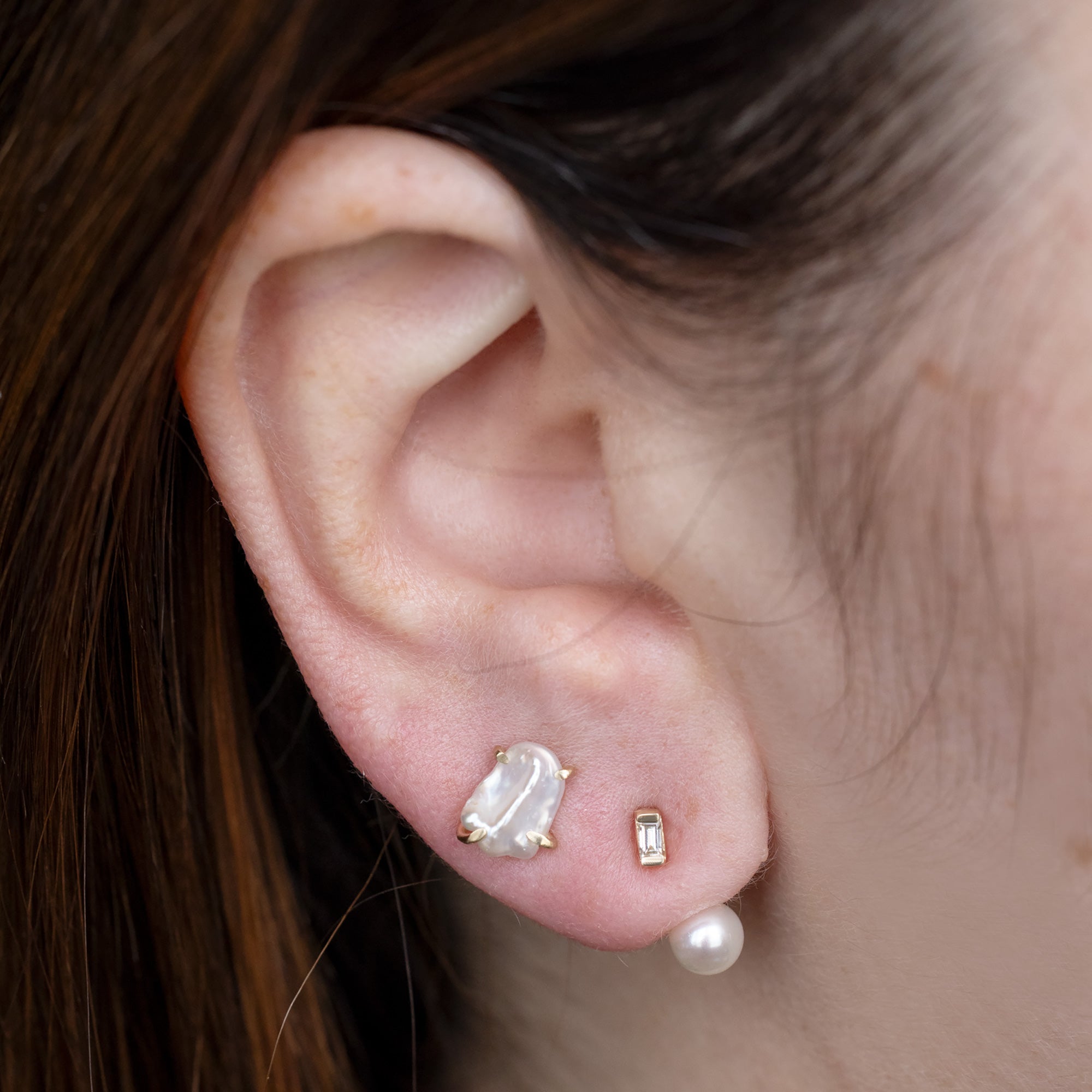 Alexis Russell  Earrings Pearl and Baguette Diamond Ear Jackets | Yellow Gold or Sterling Silver
