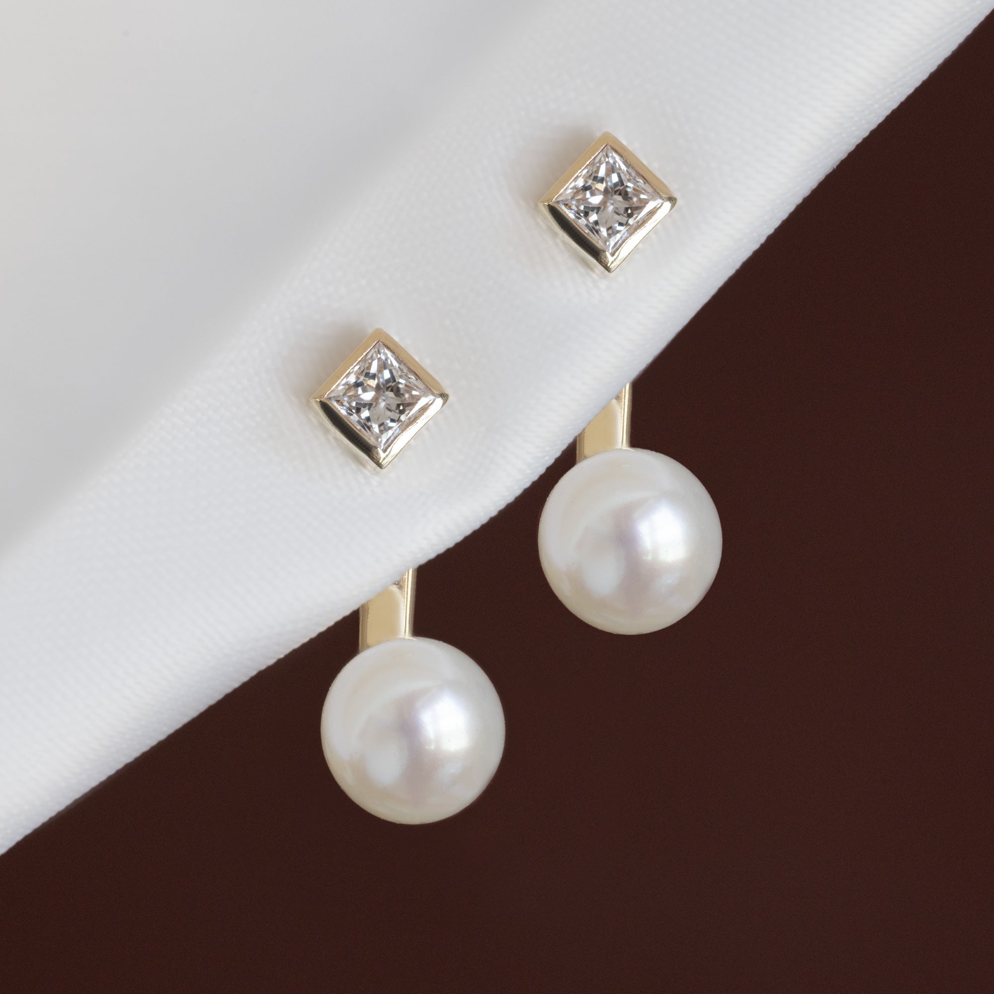 Alexis Russell  Earrings Pearl and Princess Diamond Ear Jackets | Yellow Gold or Sterling Silver