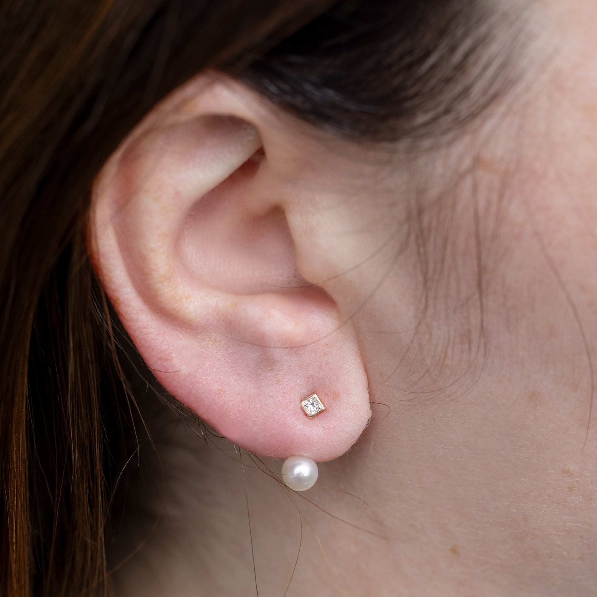 Alexis Russell  Earrings Pearl and Princess Diamond Ear Jackets | Yellow Gold or Sterling Silver