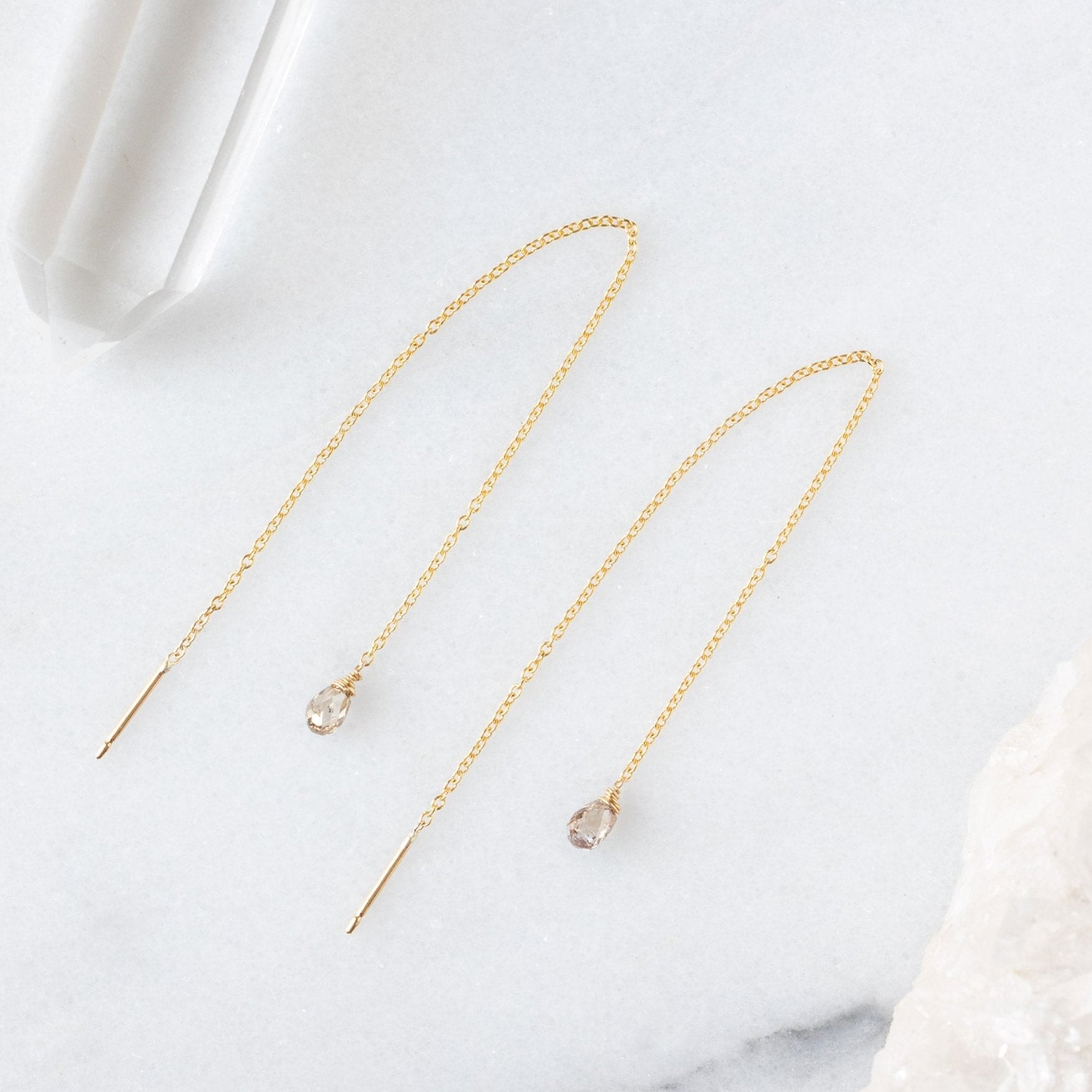 The Simple Champagne Diamond Drop Thread Earrings | Yellow or Rose Gold