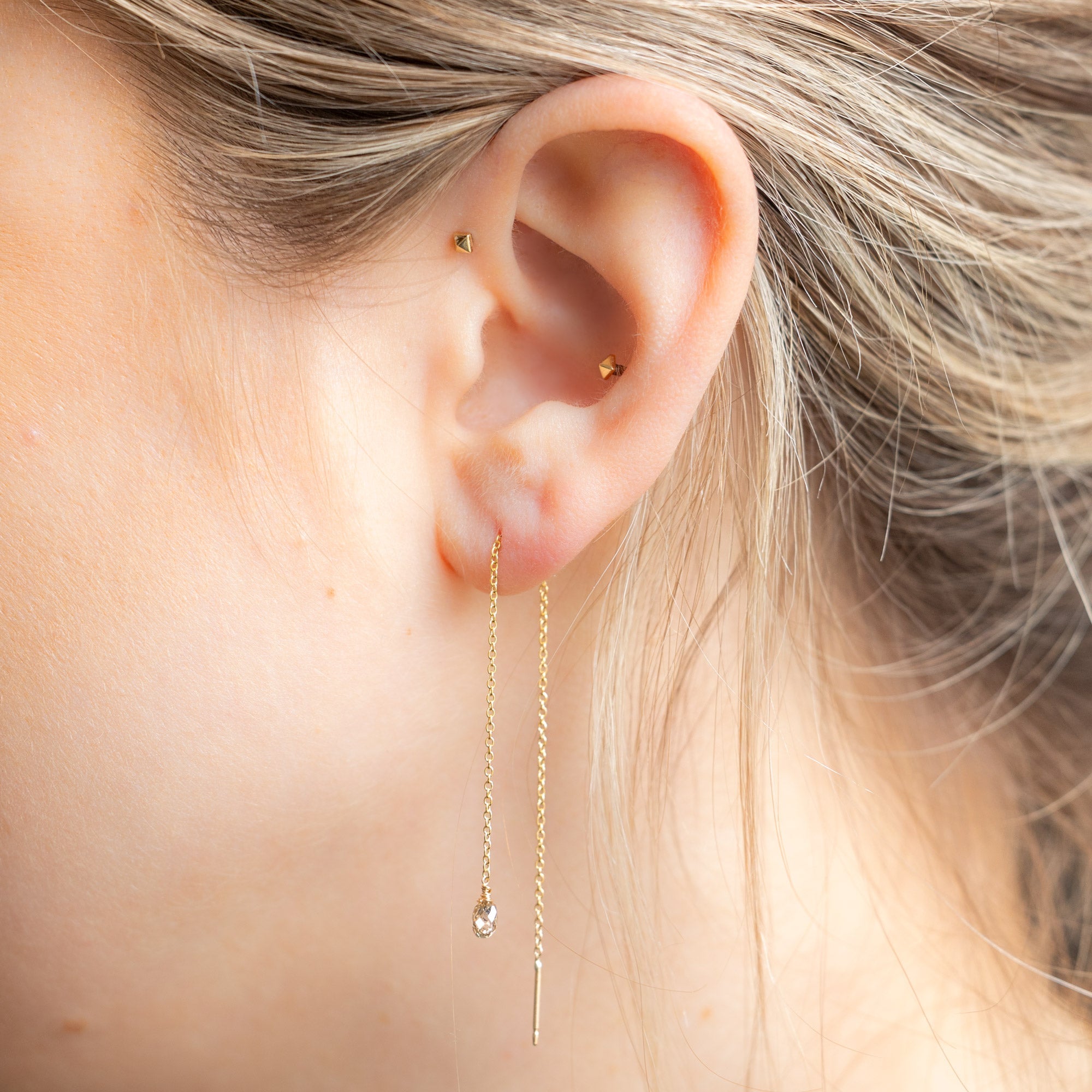 The Simple Champagne Diamond Drop Thread Earrings | Yellow or Rose Gold