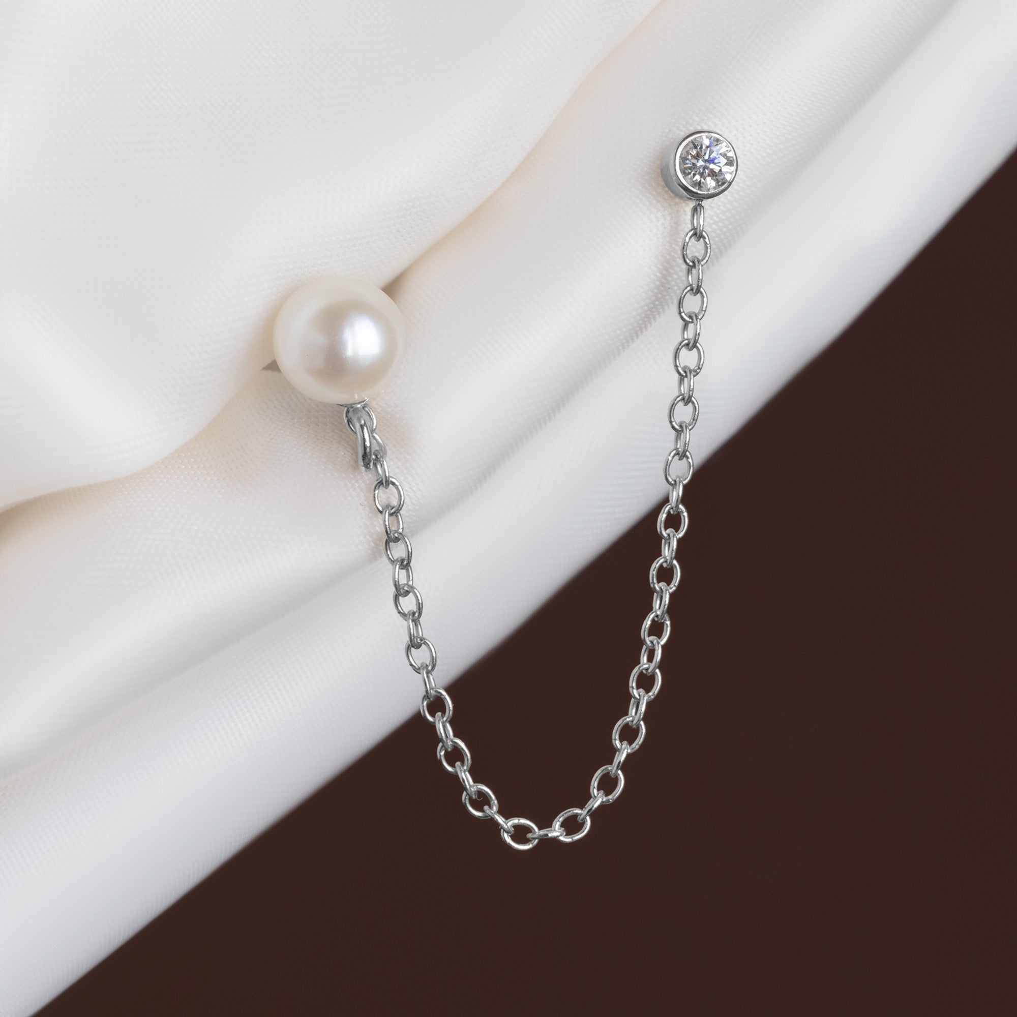 Alexis Russell  Earrings Pearl and Round Diamond Chain Earring | Yellow Gold or Sterling Silver