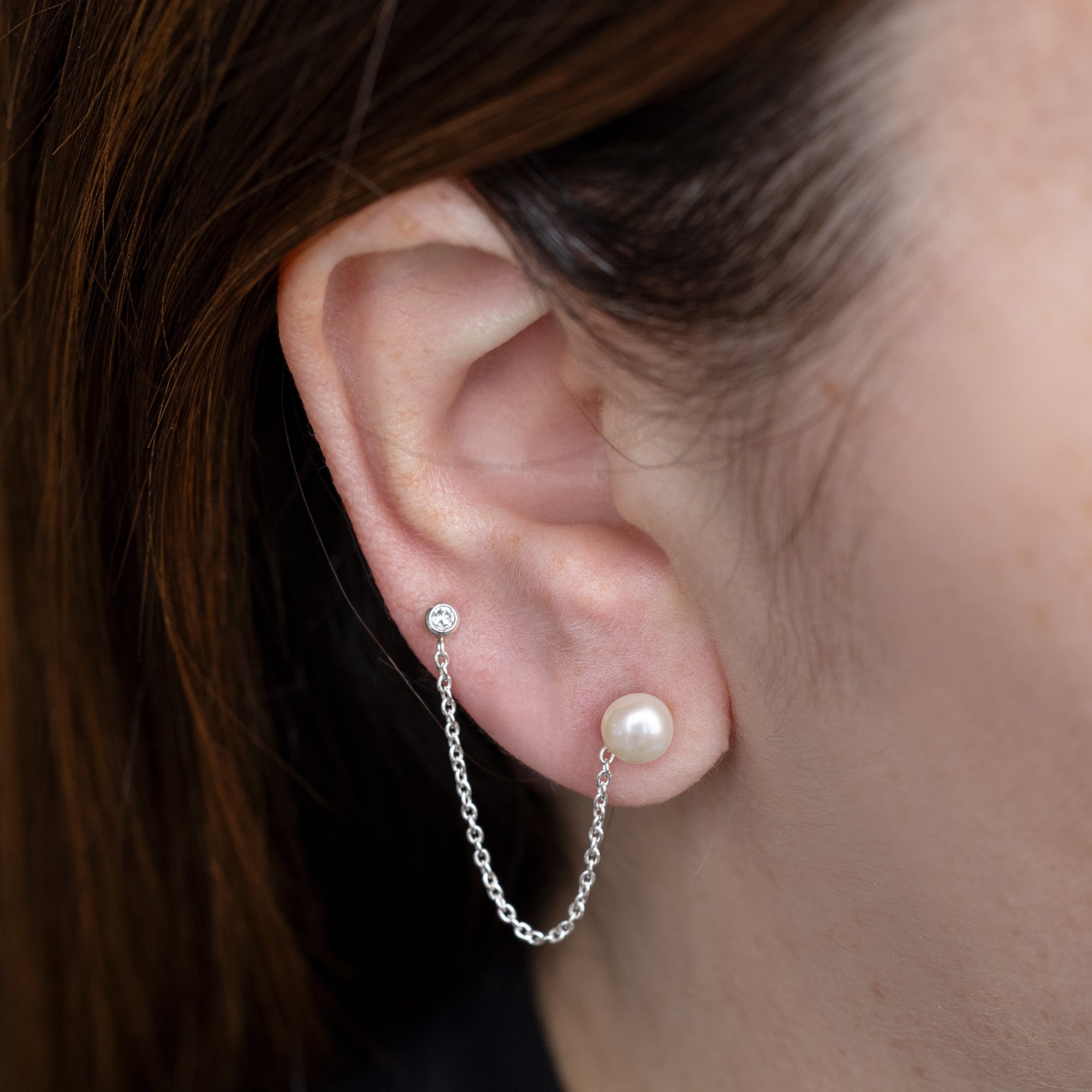 Alexis Russell  Earrings Pearl and Round Diamond Chain Earring | Yellow Gold or Sterling Silver
