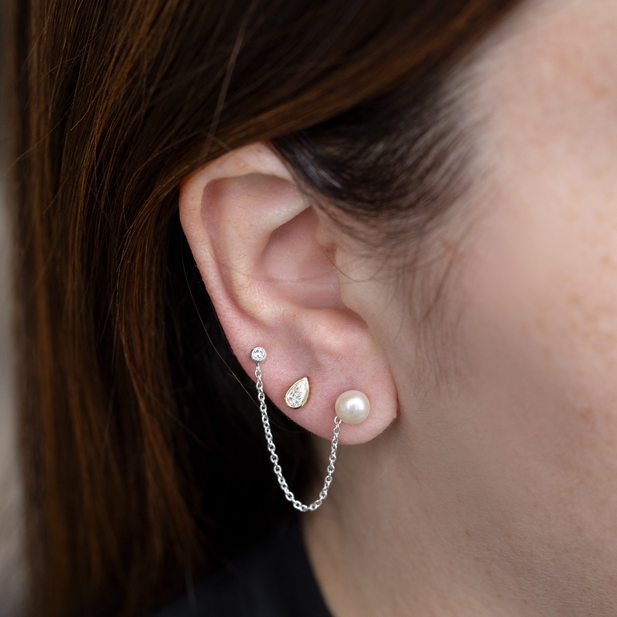 Alexis Russell  Earrings Pearl and Round Diamond Chain Earring | Yellow Gold or Sterling Silver