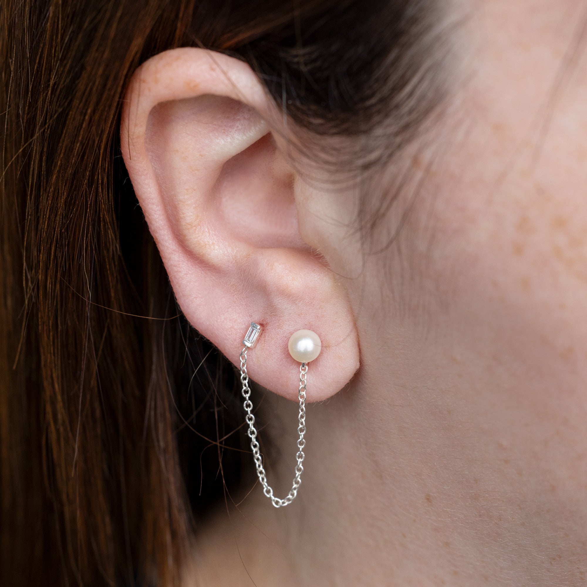 Alexis Russell  Earrings Pearl and Baguette Diamond Chain Earring | Yellow Gold or Sterling Silver