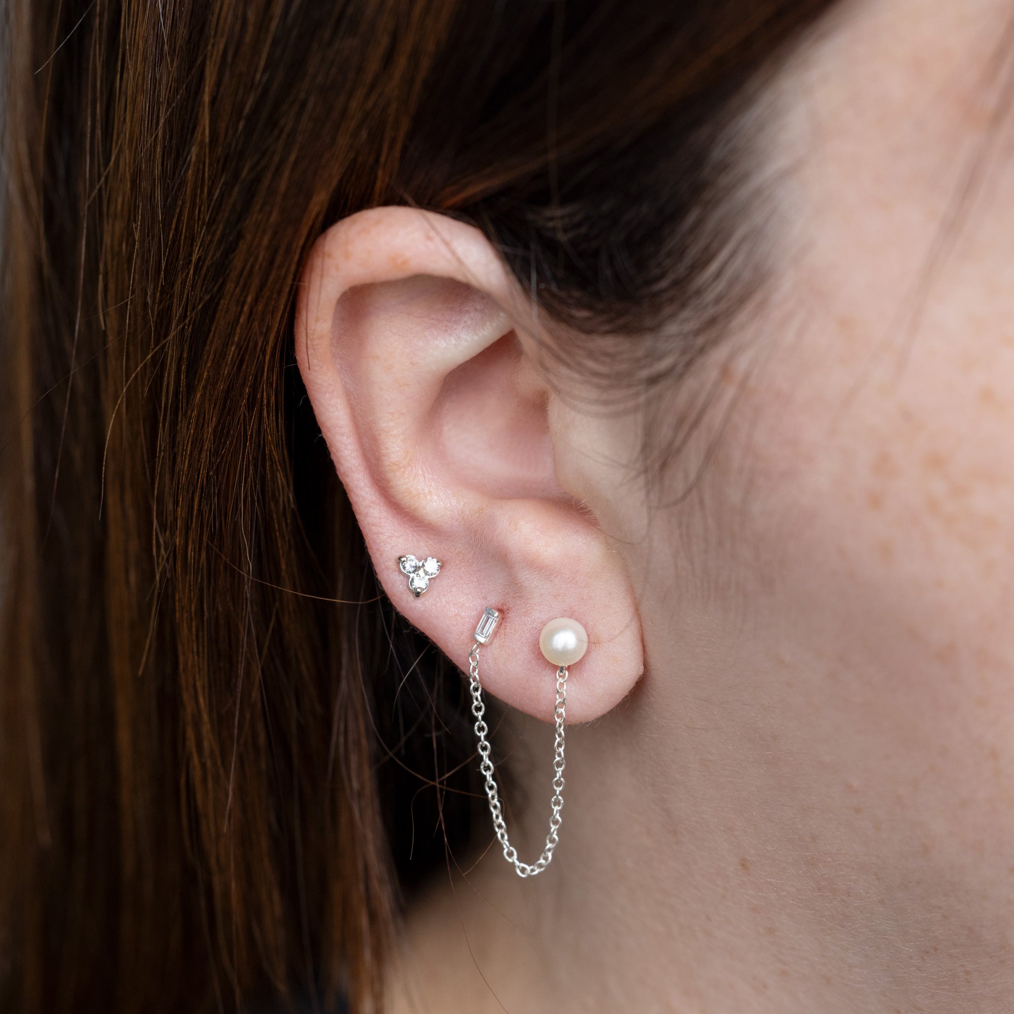 Alexis Russell  Earrings Pearl and Baguette Diamond Chain Earring | Yellow Gold or Sterling Silver