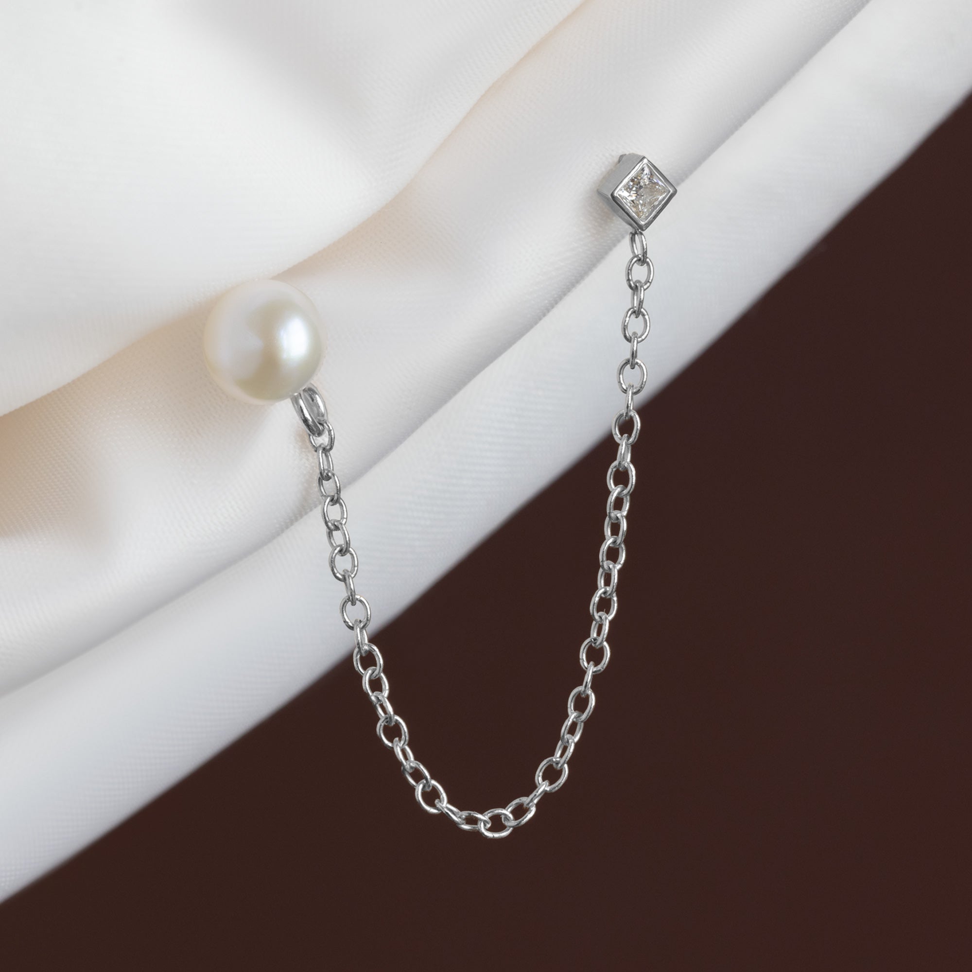 Alexis Russell  Earrings Pearl and Princess Diamond Chain Earring | Yellow Gold or Sterling Silver