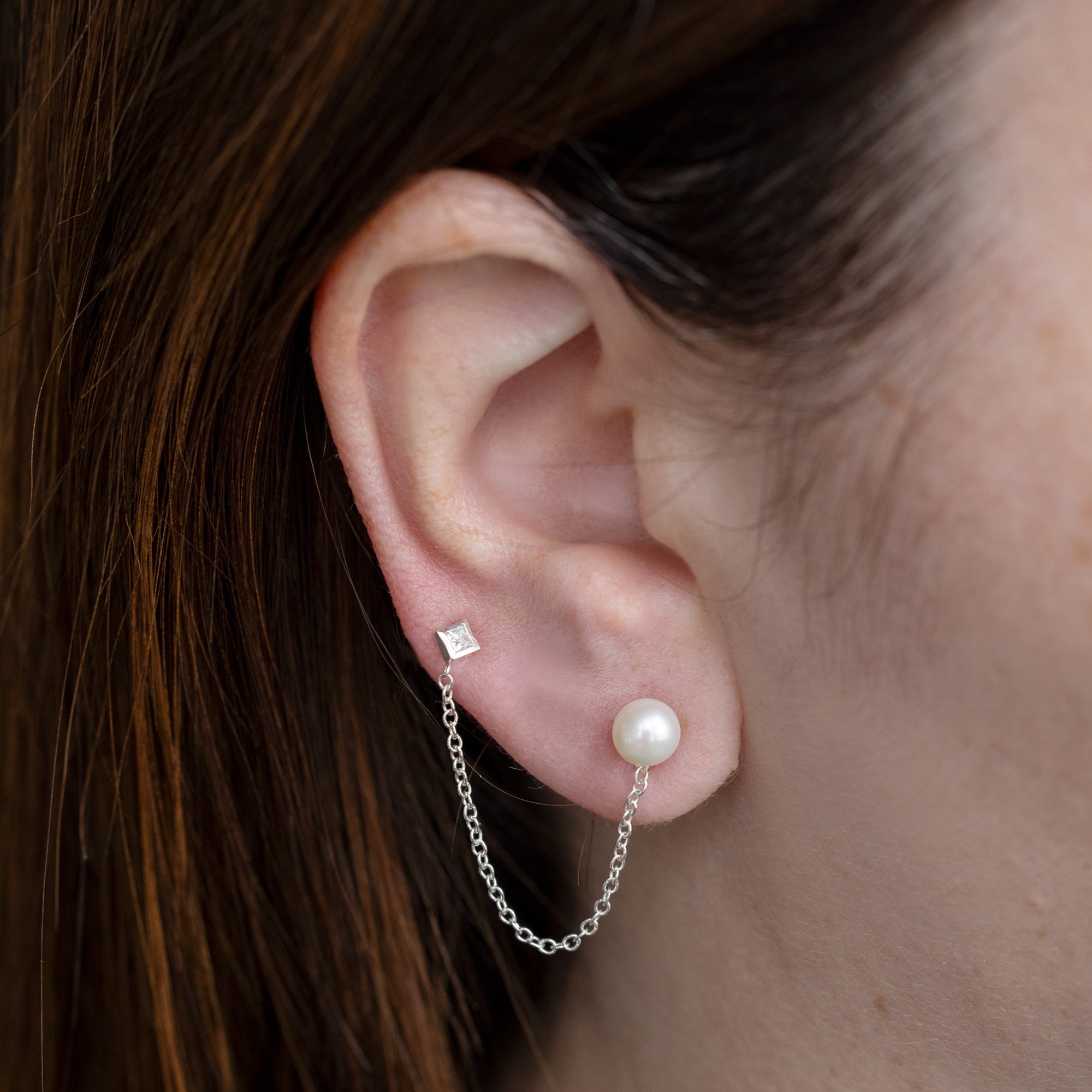 Alexis Russell  Earrings Pearl and Princess Diamond Chain Earring | Yellow Gold or Sterling Silver