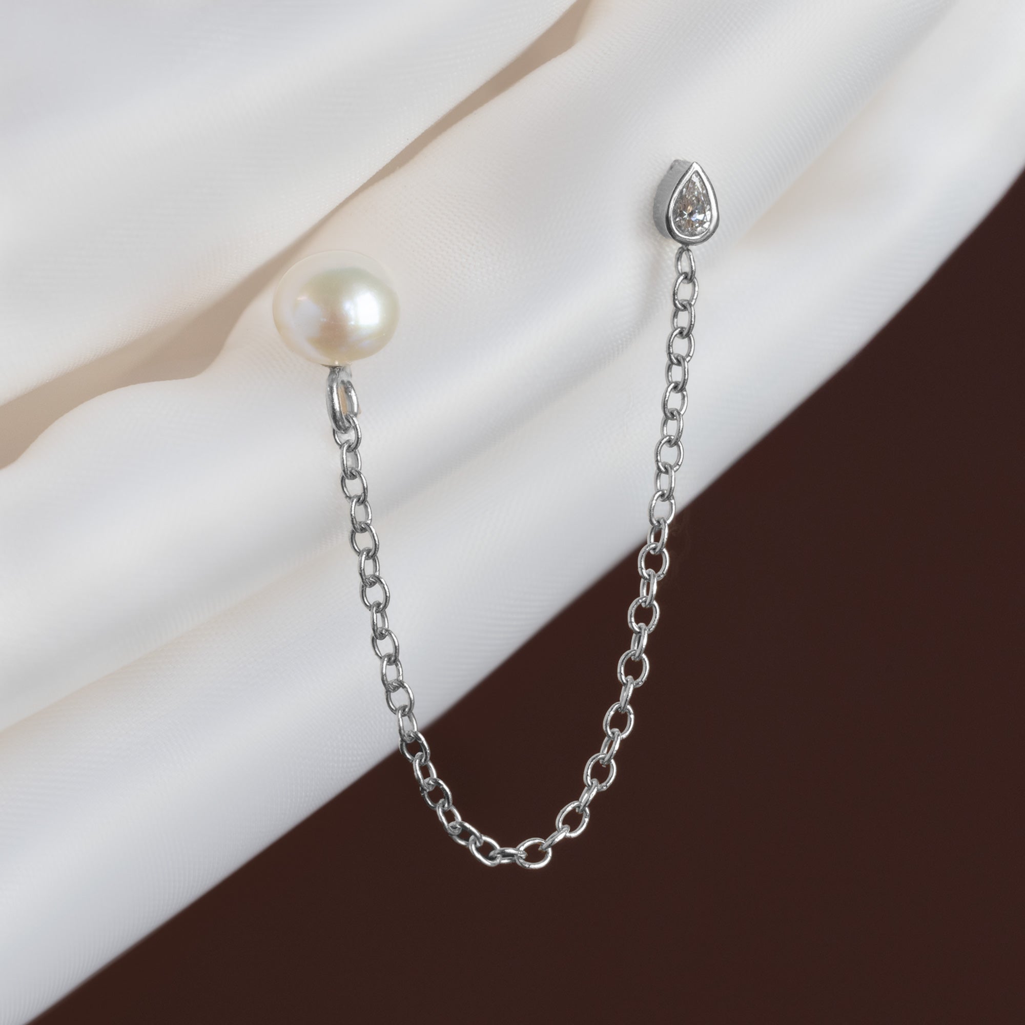 Alexis Russell  Earrings Pearl and Pear Diamond Chain Earring | Yellow Gold or Sterling Silver