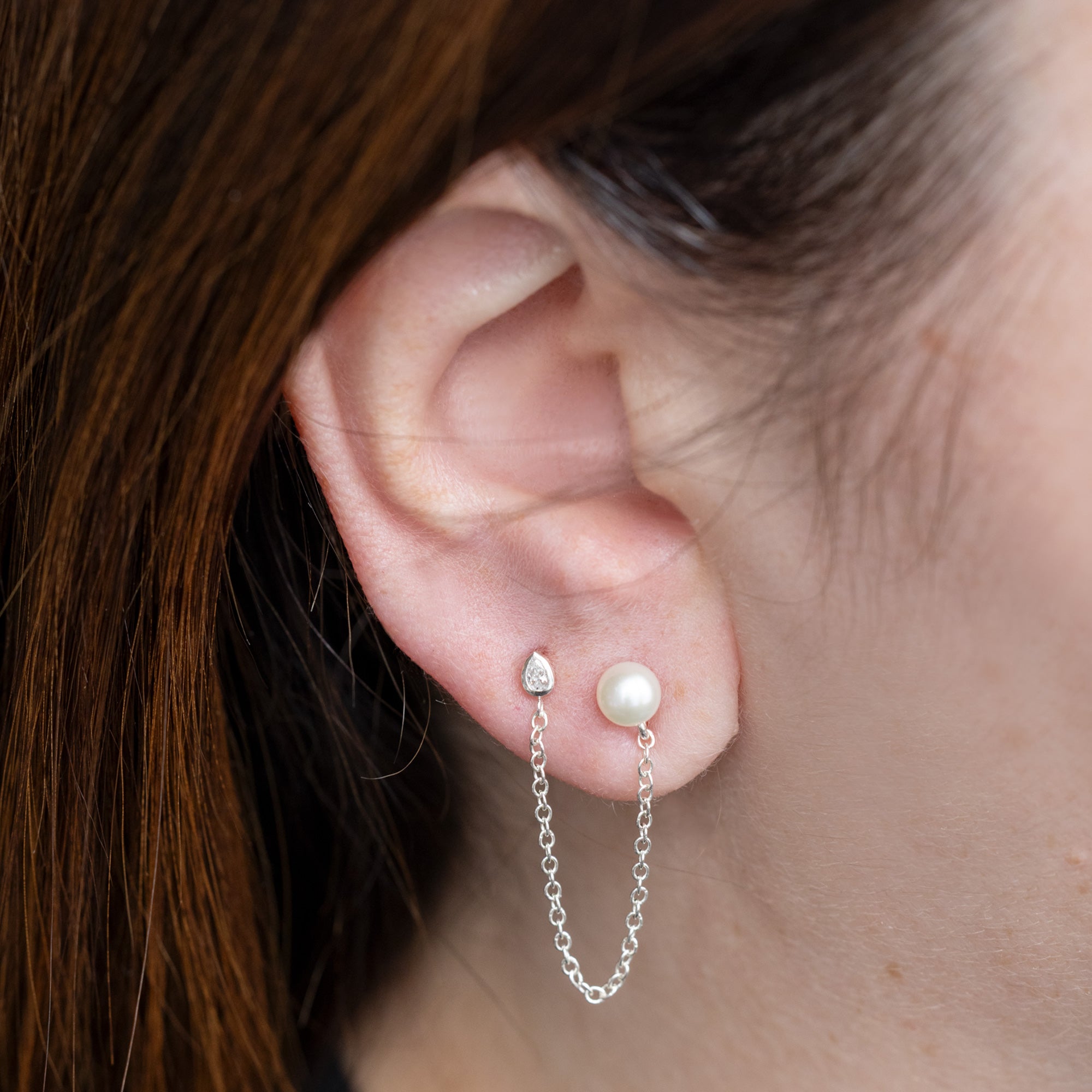 Alexis Russell  Earrings Pearl and Pear Diamond Chain Earring | Yellow Gold or Sterling Silver
