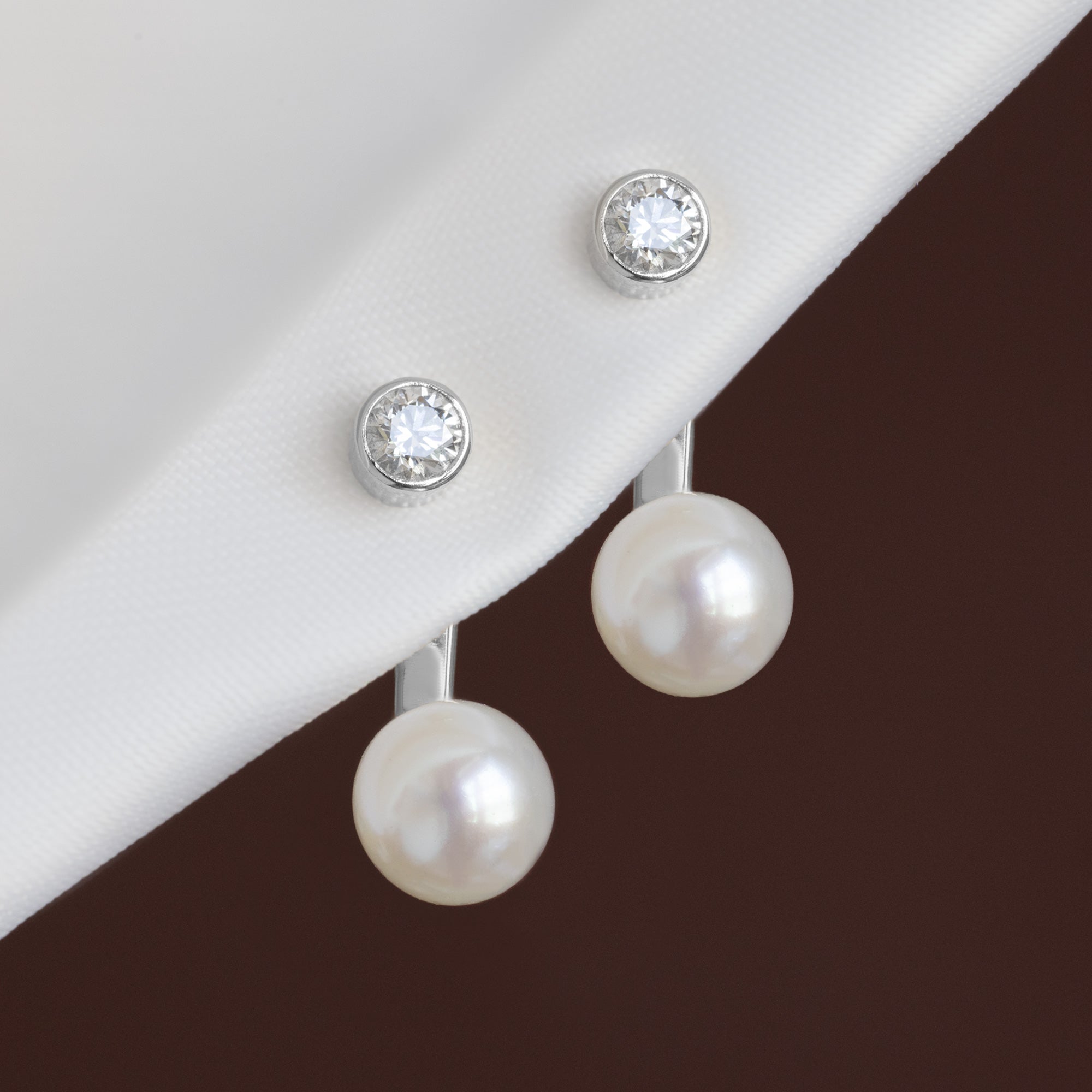 Alexis Russell  Earrings Pearl and Round Diamond Ear Jackets | Yellow Gold or Sterling Silver