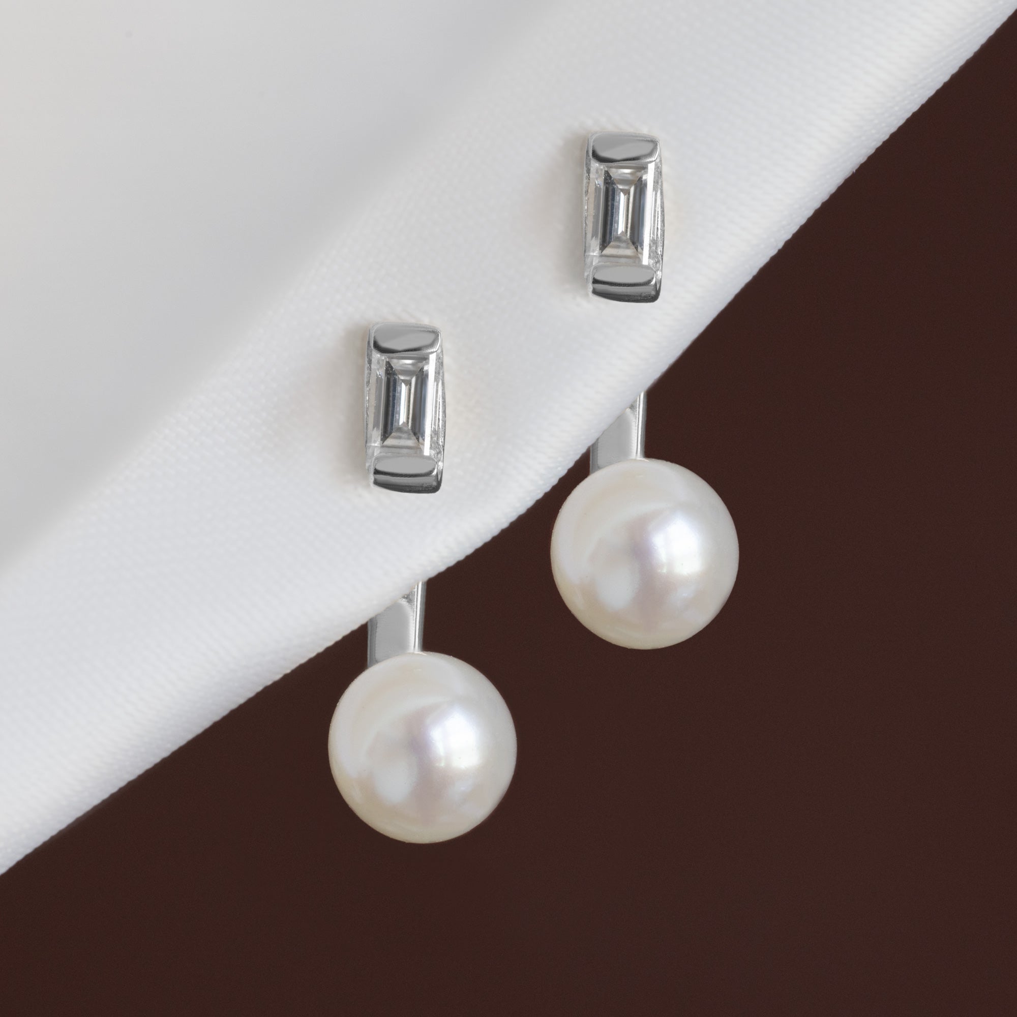 Alexis Russell  Earrings Pearl and Baguette Diamond Ear Jackets | Yellow Gold or Sterling Silver