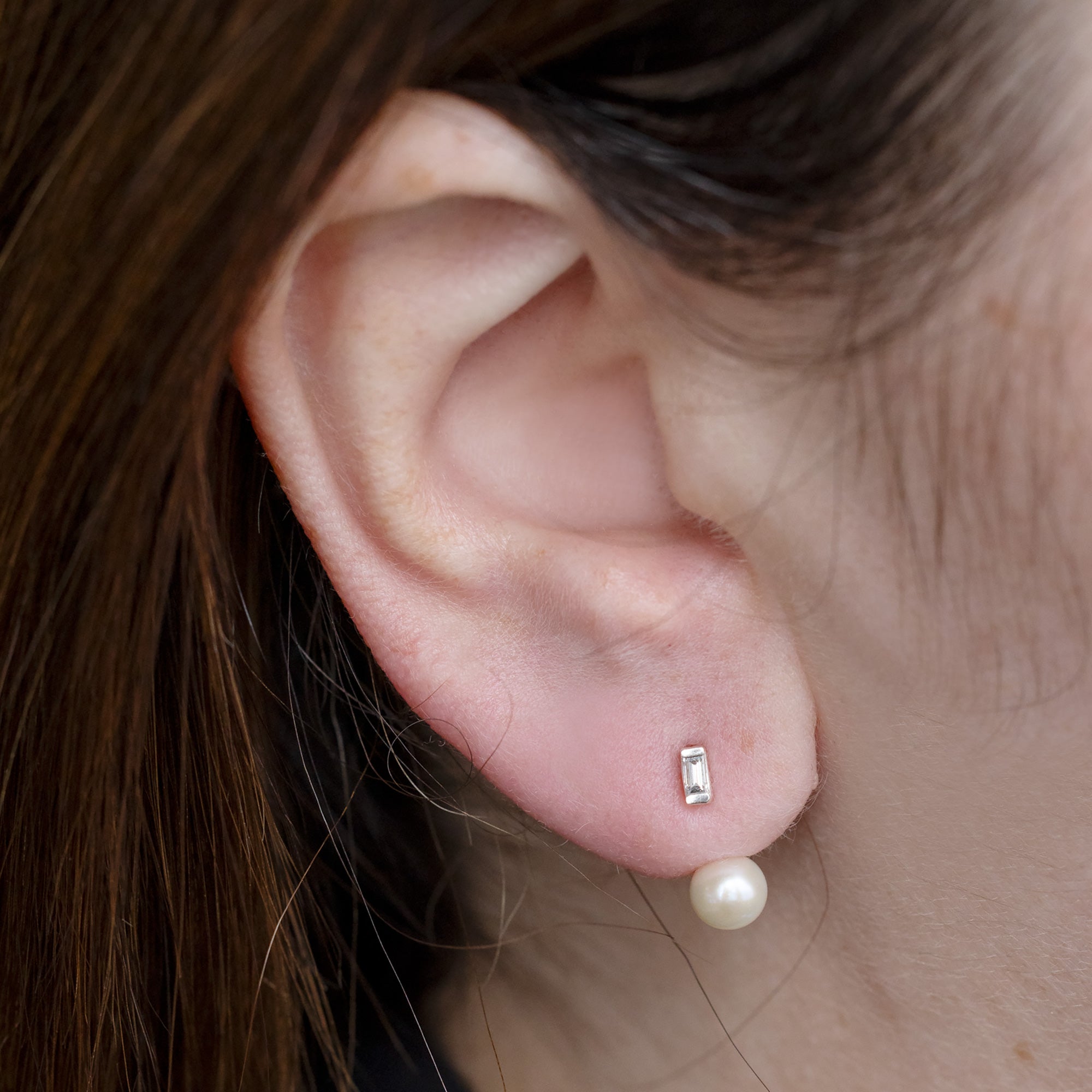 Alexis Russell  Earrings Pearl and Baguette Diamond Ear Jackets | Yellow Gold or Sterling Silver