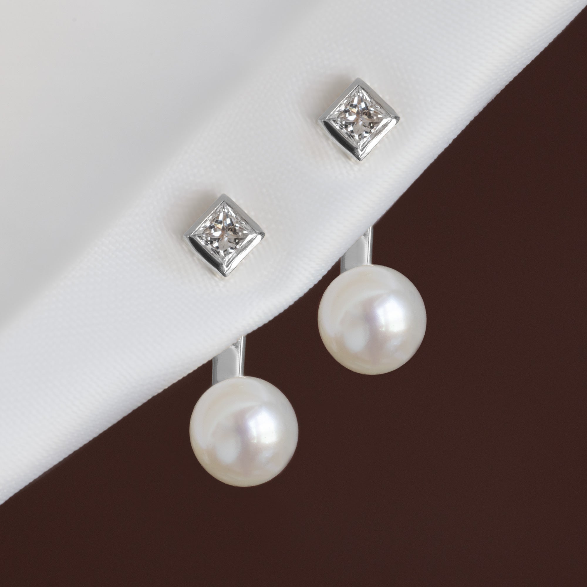 Alexis Russell  Earrings Pearl and Princess Diamond Ear Jackets | Yellow Gold or Sterling Silver