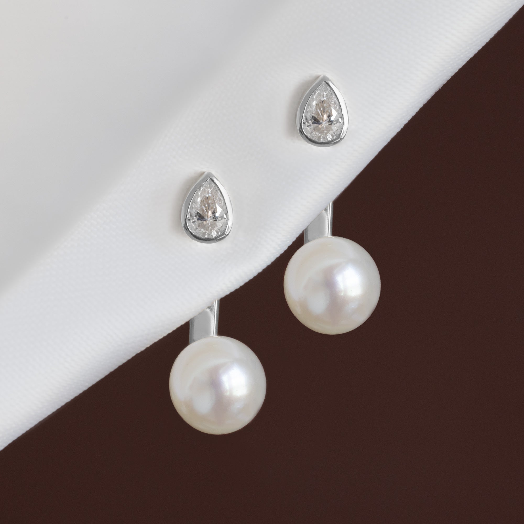 Alexis Russell  Earrings Pearl and Pear Diamond Ear Jackets | Yellow Gold or Sterling Silver