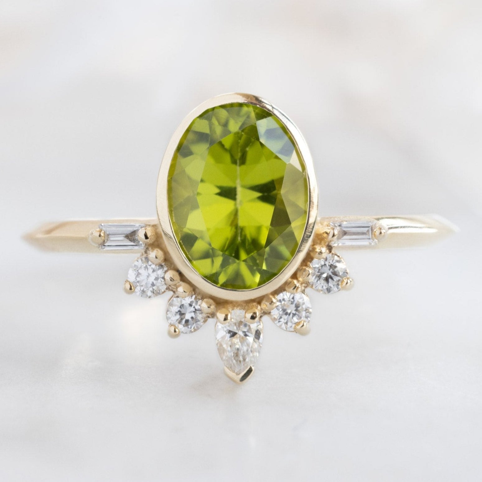 The Posy Ring | 1.36ct Oval Peridot in 14K Yellow Gold