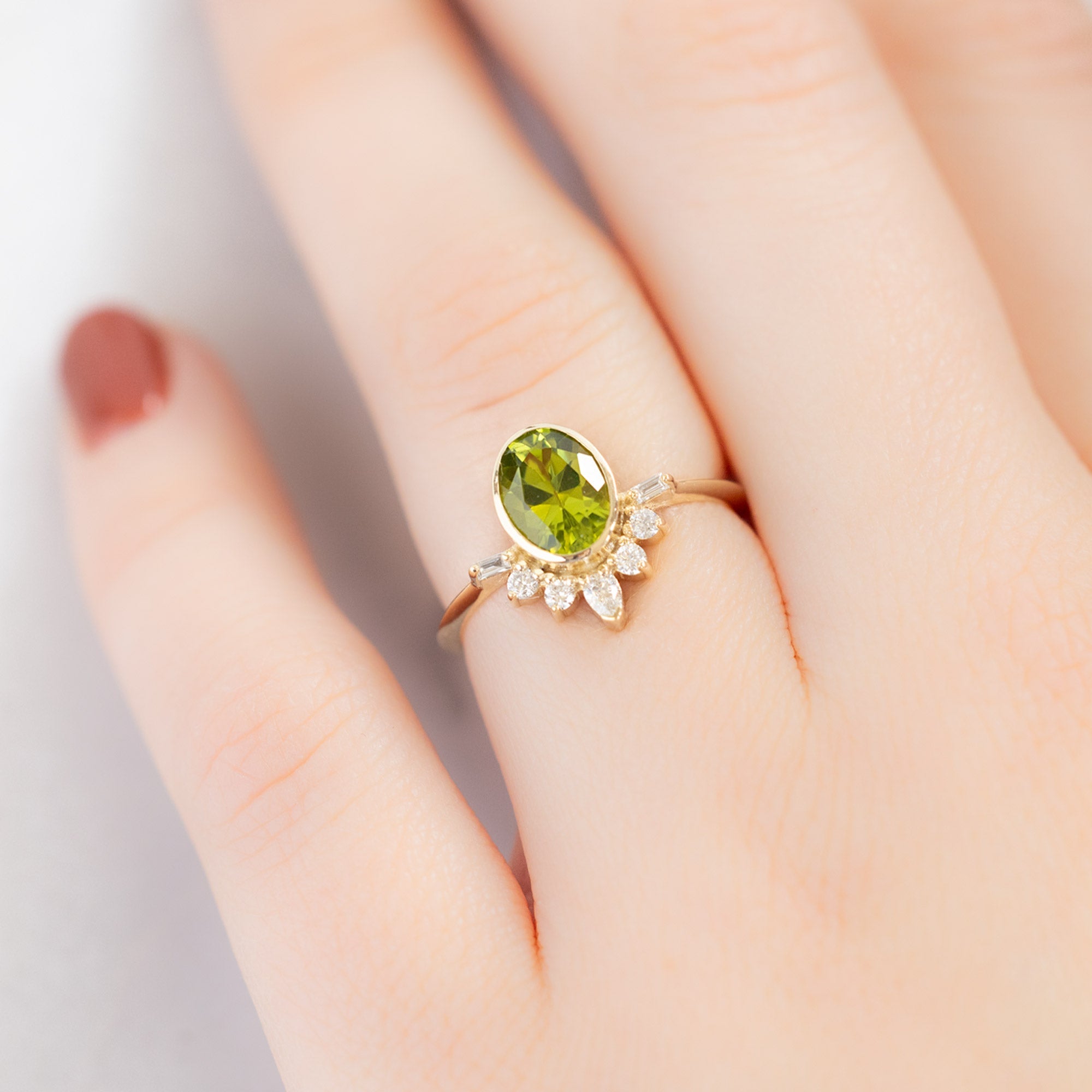The Posy Ring | 1.36ct Oval Peridot in 14K Yellow Gold