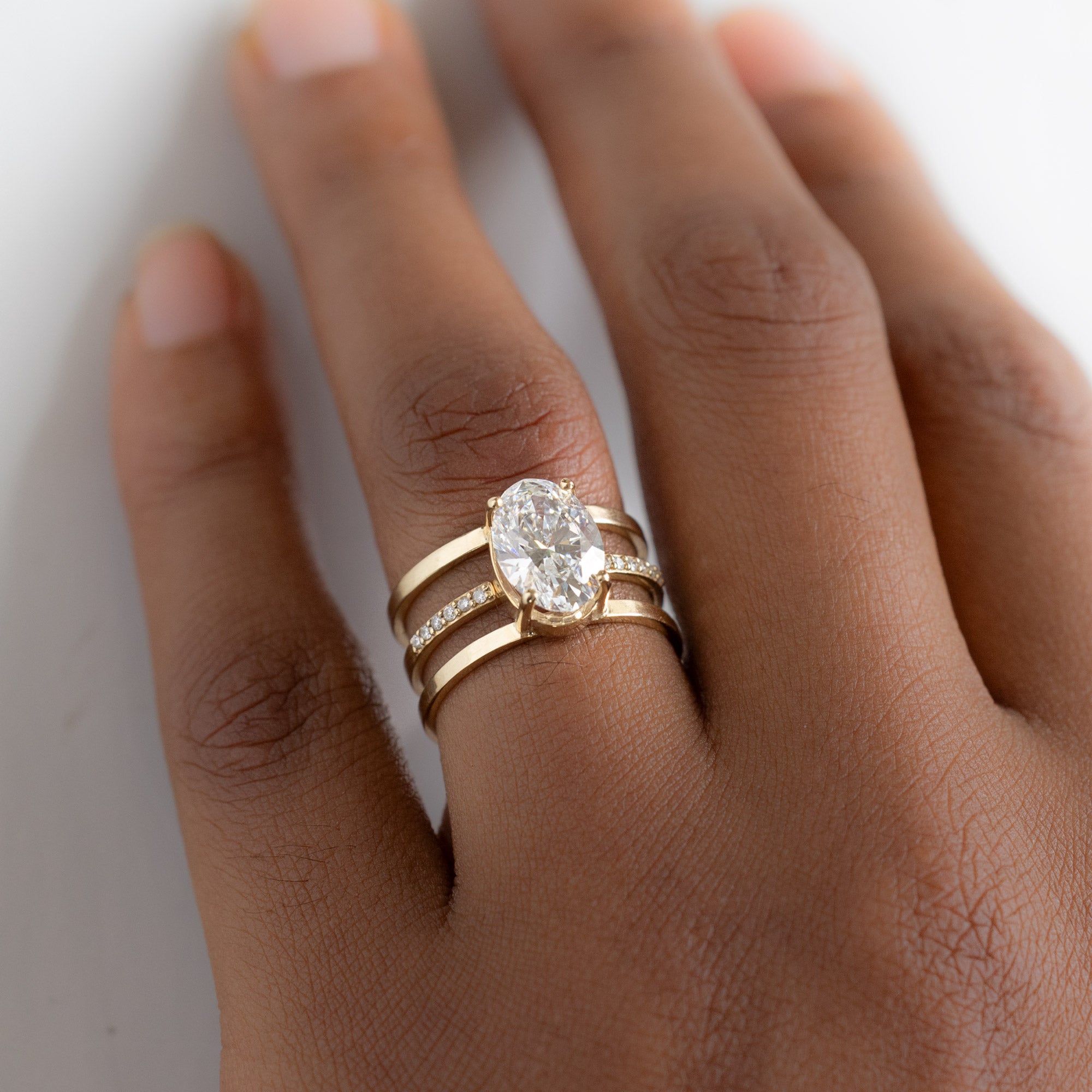 buy:the-poppy-ring-3-06ct-oval-lab-grown-white-diamond-in-14k-yellow-gold,open-cuff-white-diamond-pave-stacking-band-14k-or-18k-yellow-gold