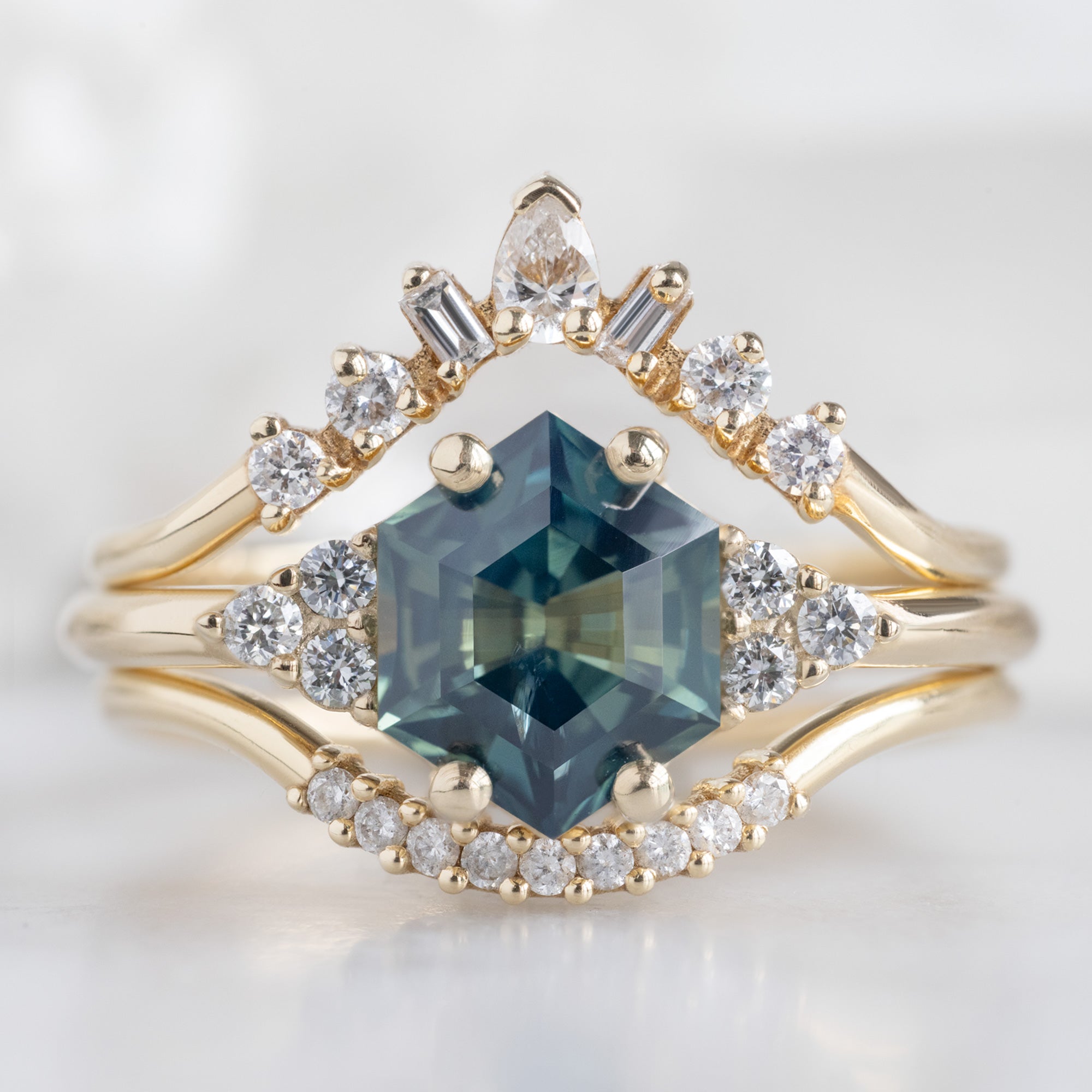 buy:geometric-white-diamond-sunburst-stacking-band-14k-or-18k-yellow-gold,the-ivy-ring-1-37ct-hexagon-parti-sapphire-in-14k-yellow-gold,white-diamond-pave-arc-stacking-band-14k-or-18k-yellow-gold