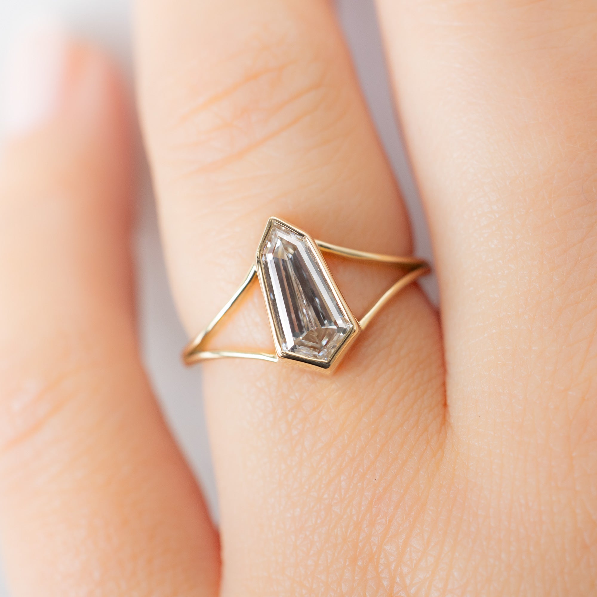 The Magnolia Ring with a 1.50ct Lab Grown Geometric White Diamond in 14K Yellow Gold on Model
